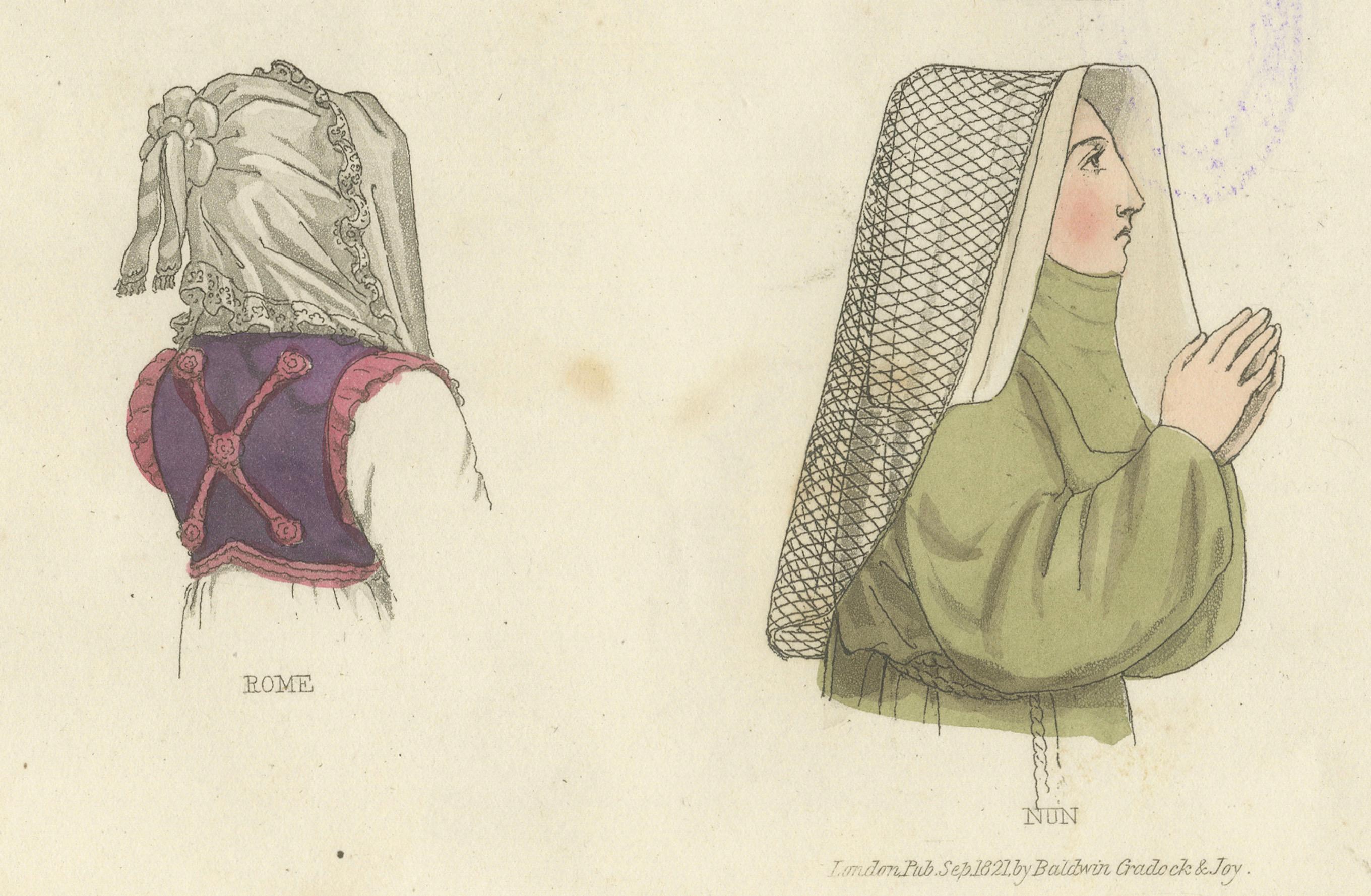 Traditional Headwear from Italy: Turin, Rome, Subiaco and More – 1823 Print en Bueno estado para la venta en Langweer, NL