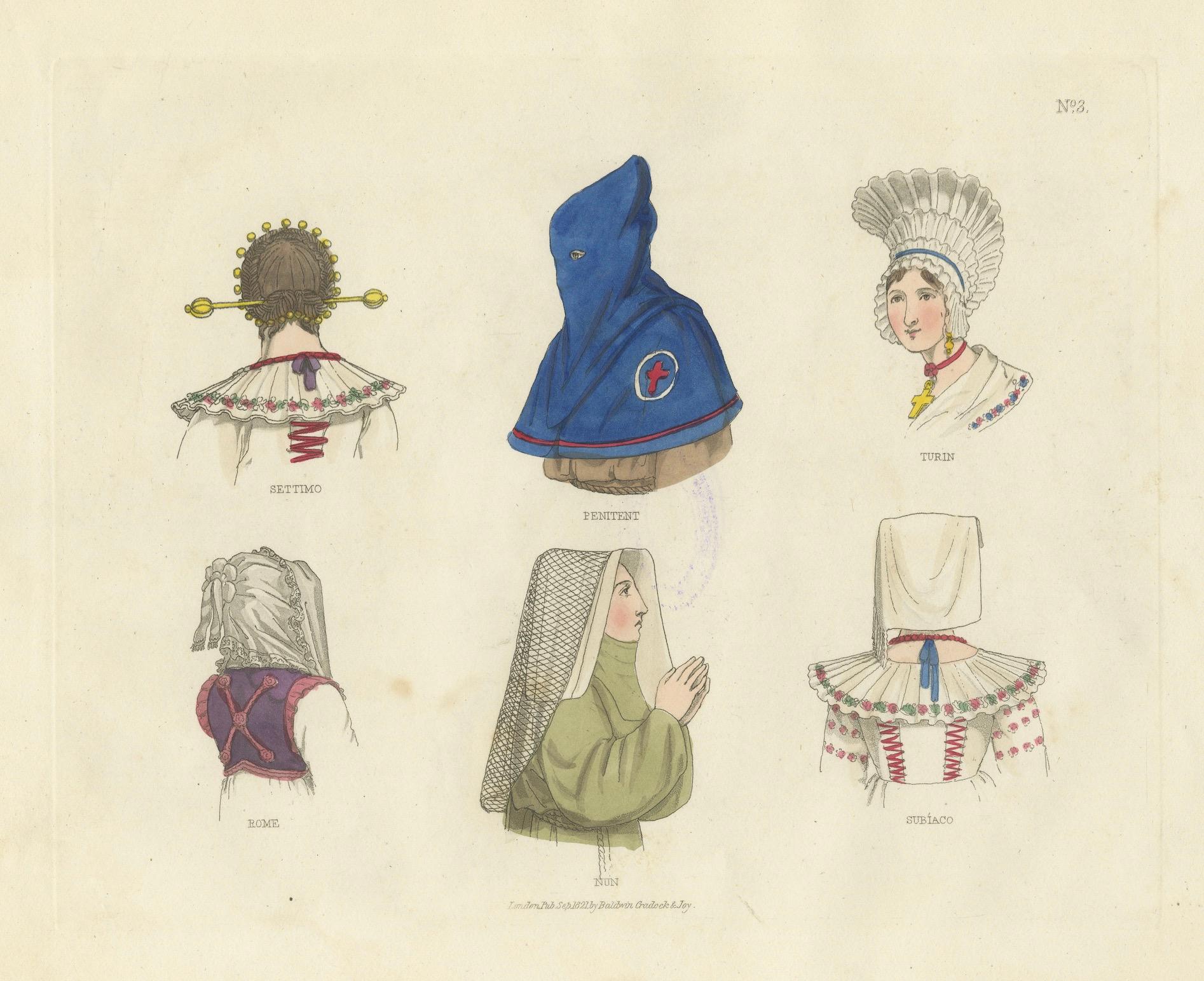 Traditional Headwear from Italy: Turin, Rome, Subiaco and More – 1823 Print en venta 2