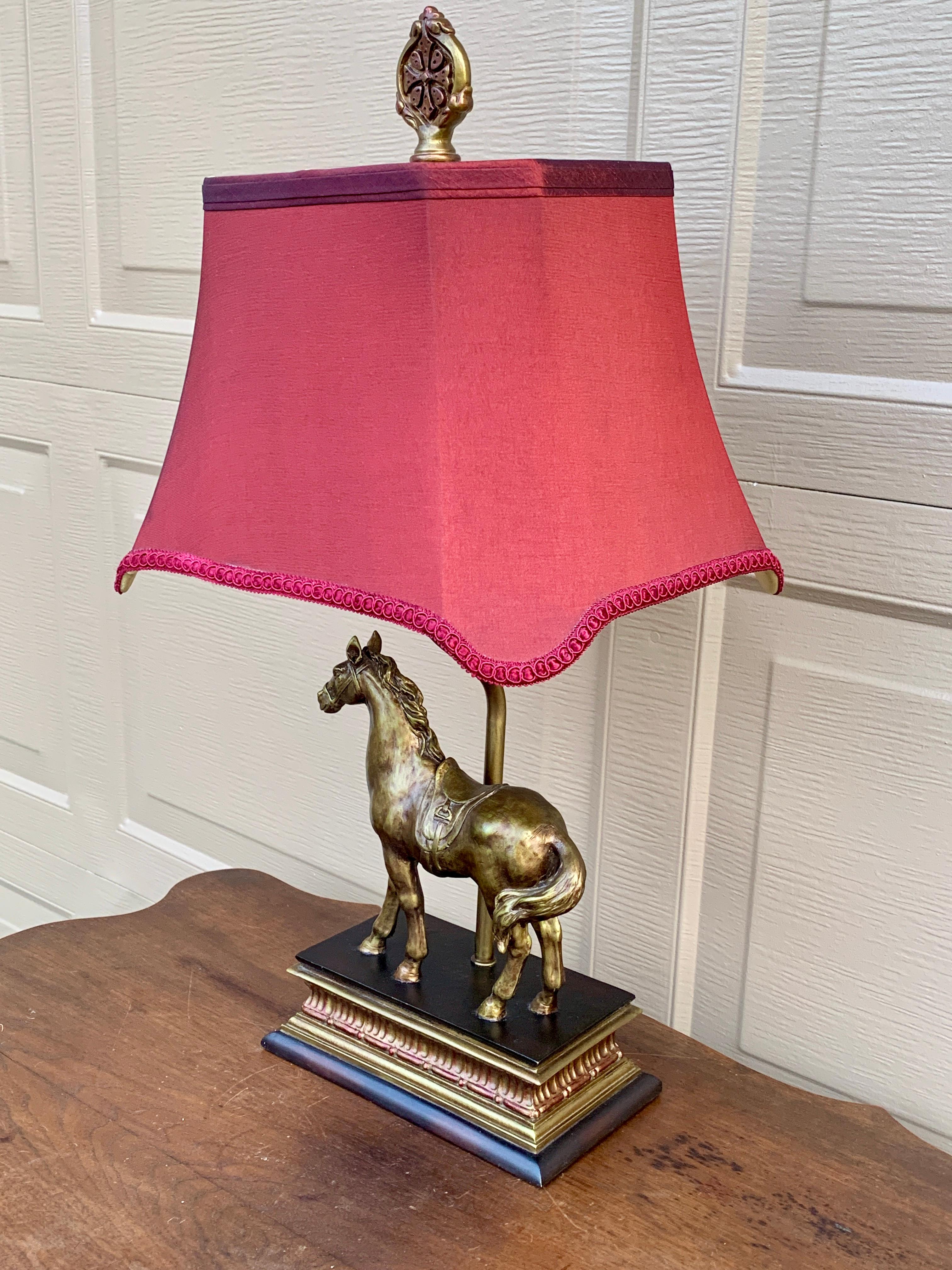 Country Traditional Horse Table Lamp With Cranberry Shade For Sale