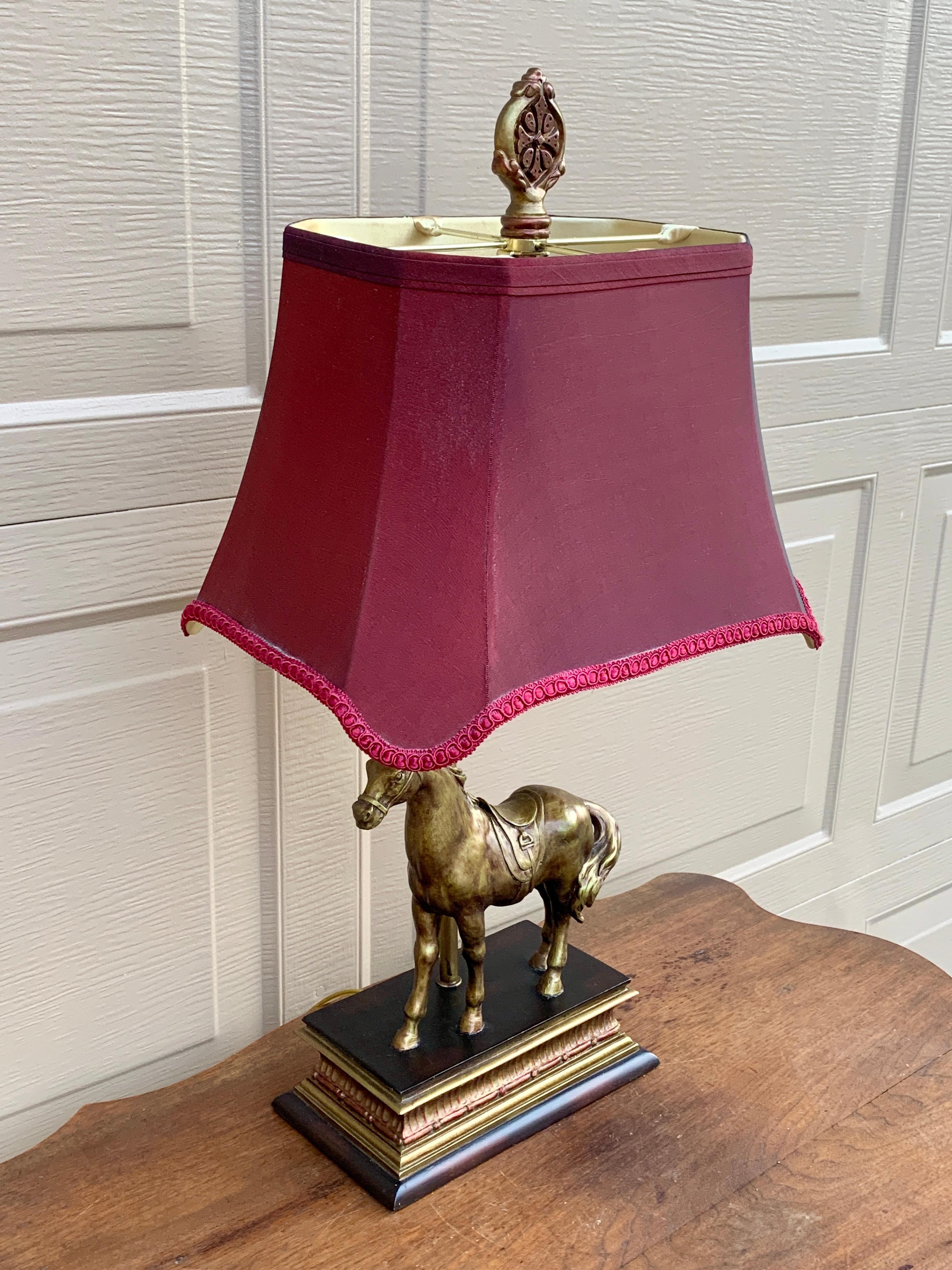 American Traditional Horse Table Lamp With Cranberry Shade For Sale
