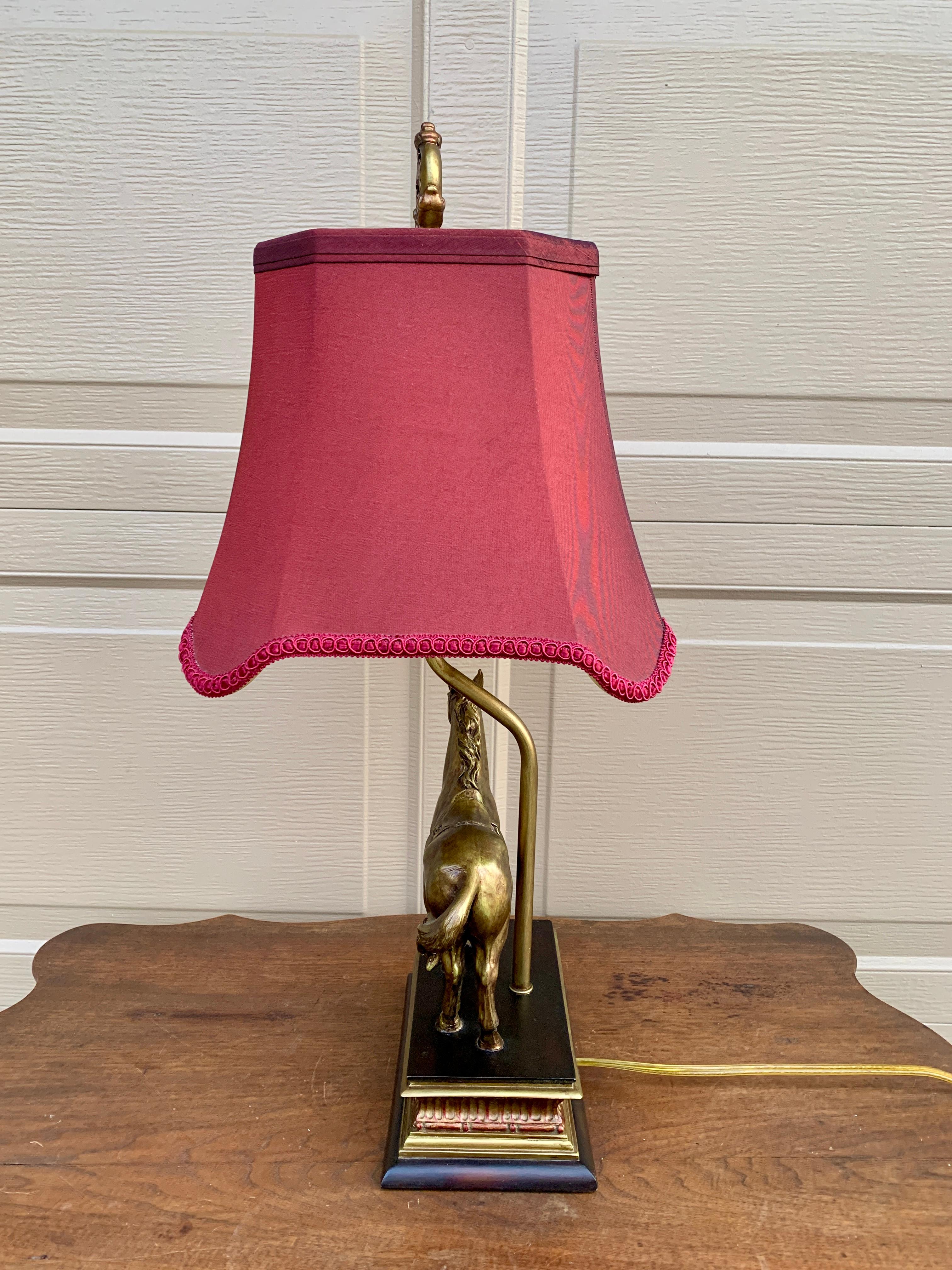 Brass Traditional Horse Table Lamp With Cranberry Shade For Sale
