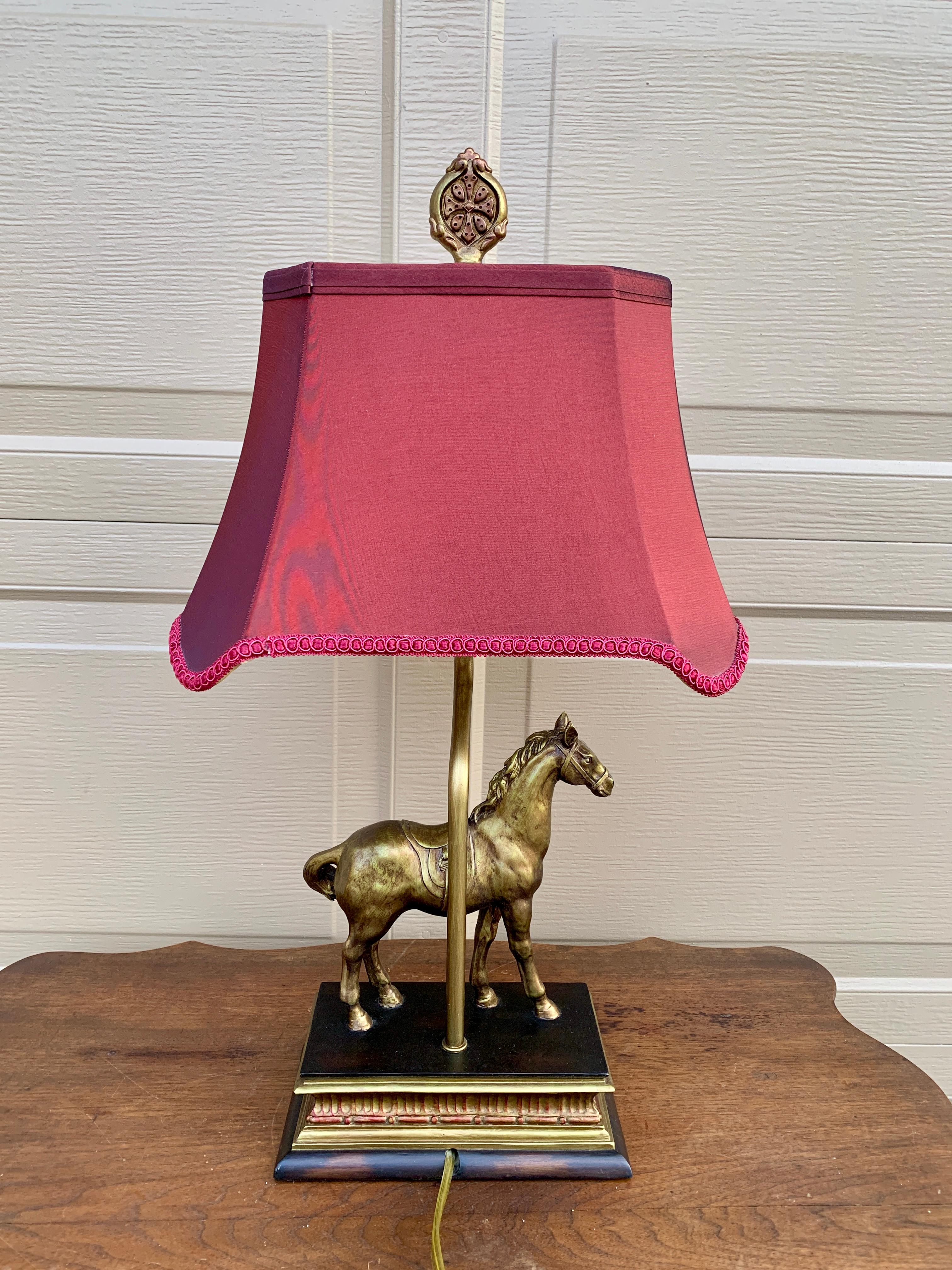 Traditional Horse Table Lamp With Cranberry Shade For Sale 1