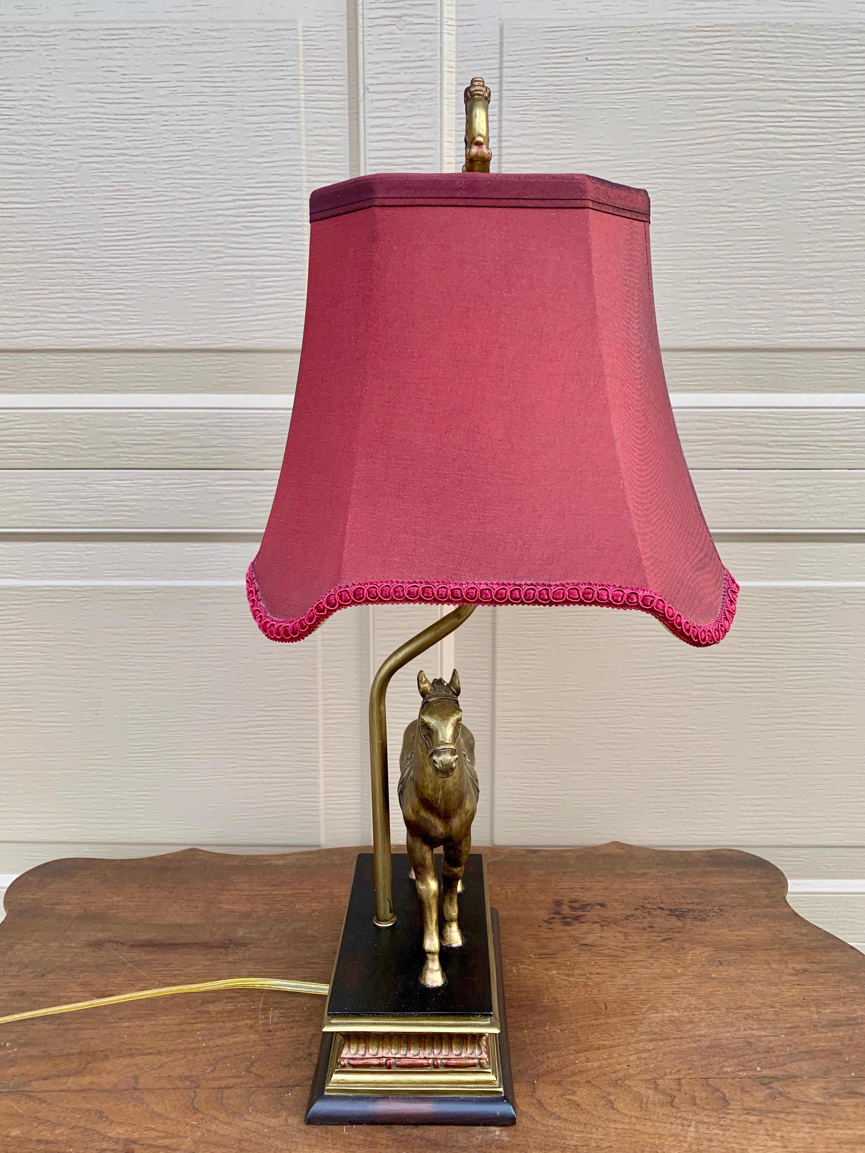 Traditional Horse Table Lamp With Cranberry Shade For Sale 2