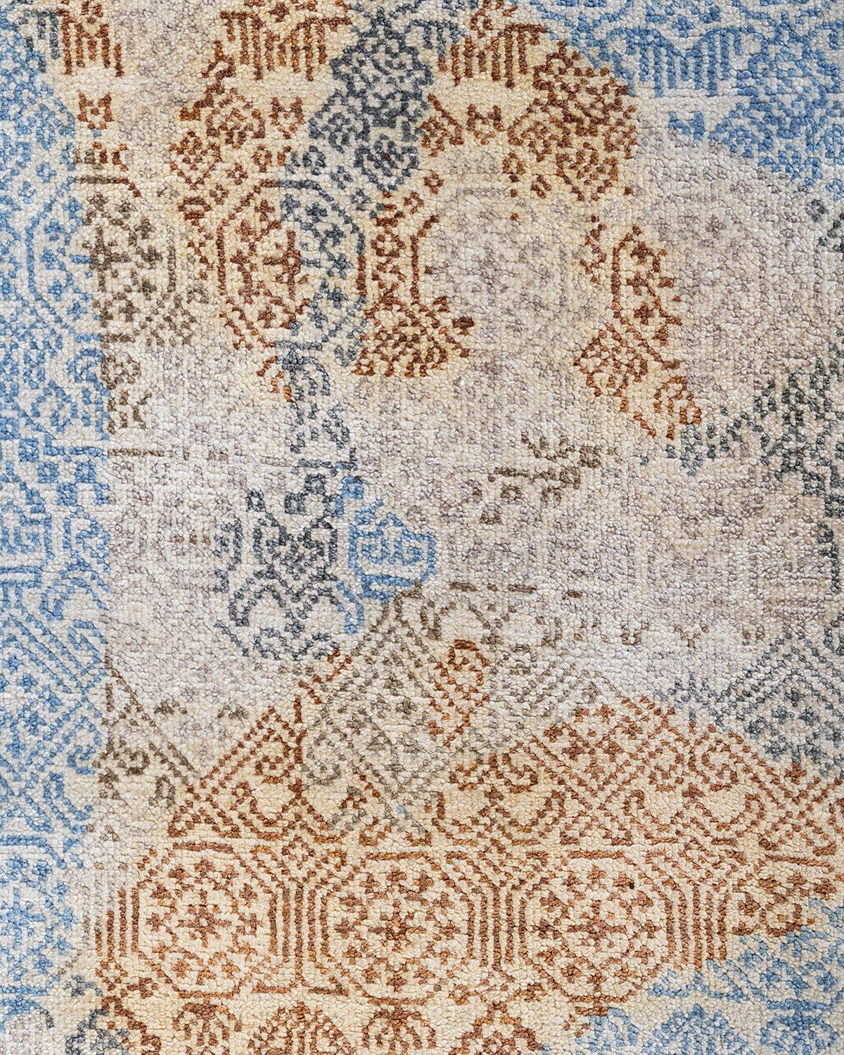 Ikat Tradicional Alfombra de Seda Abstracta Anudada a Mano Azul 8' 1