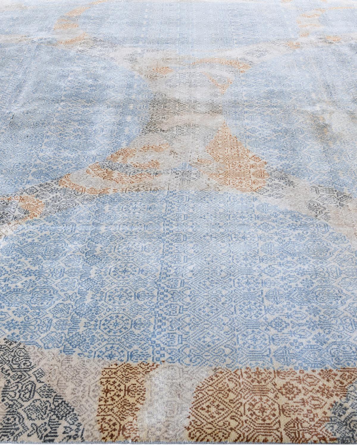 Ikat Tradicional Alfombra de Seda Abstracta Anudada a Mano Azul 8' 1
