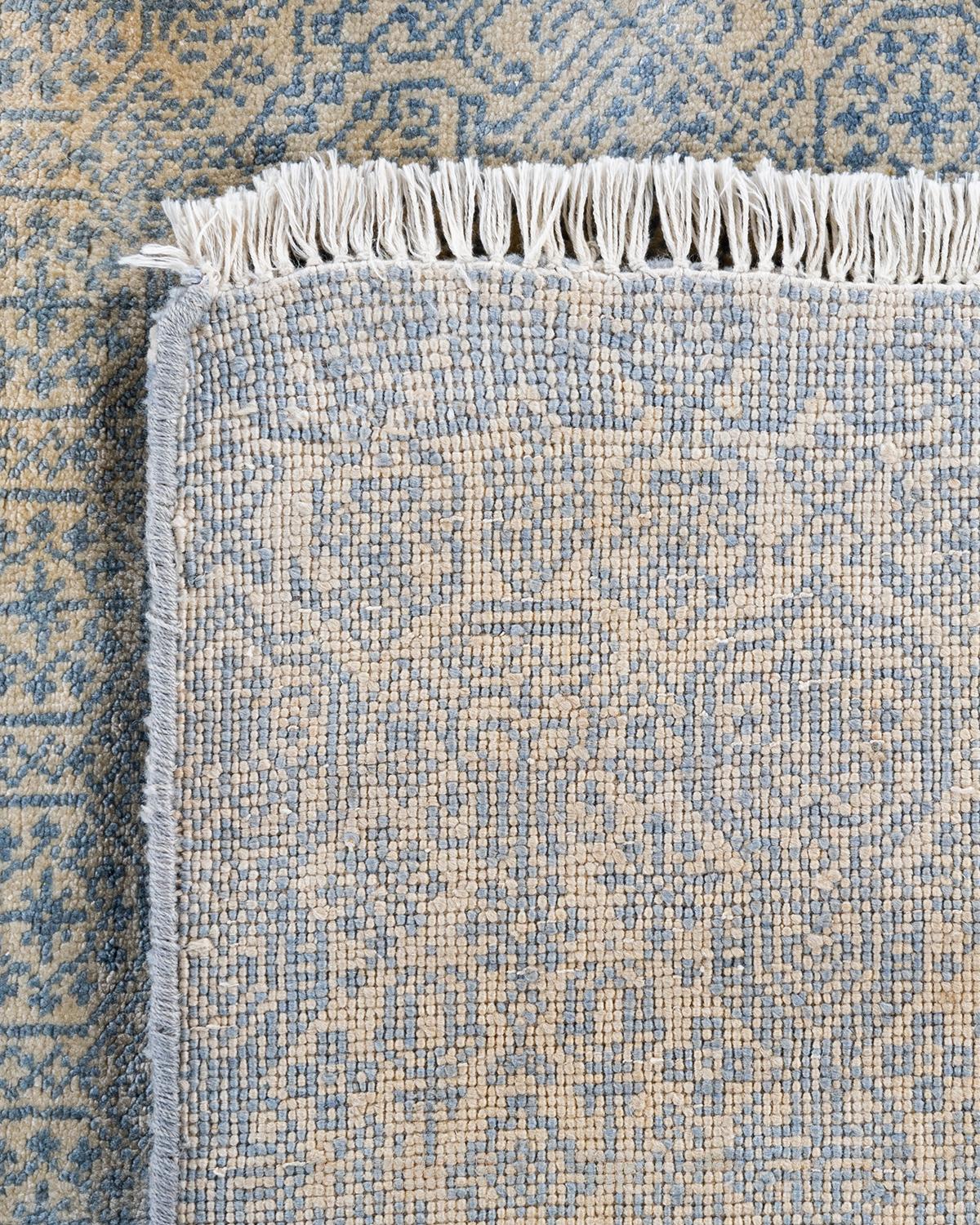 Ikat Tradicional Alfombra de Seda Abstracta Anudada a Mano Azul 8' 1