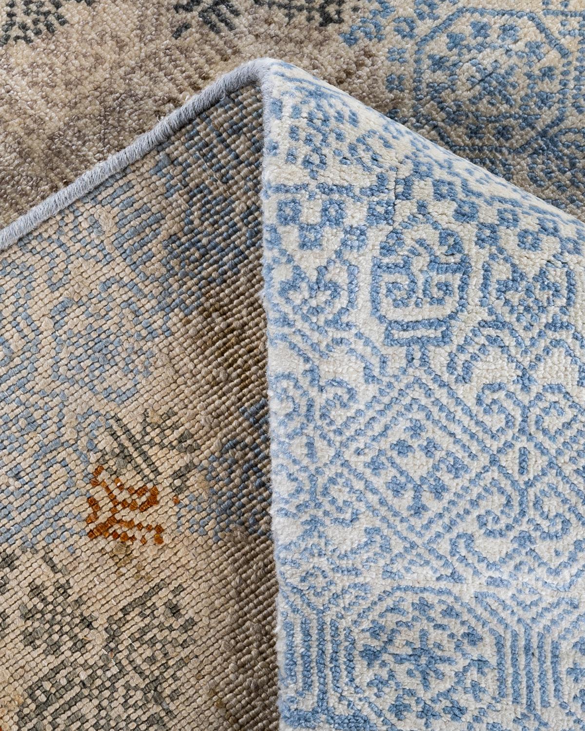 Ikat Tradicional Alfombra de Seda Abstracta Anudada a Mano Azul 8' 1