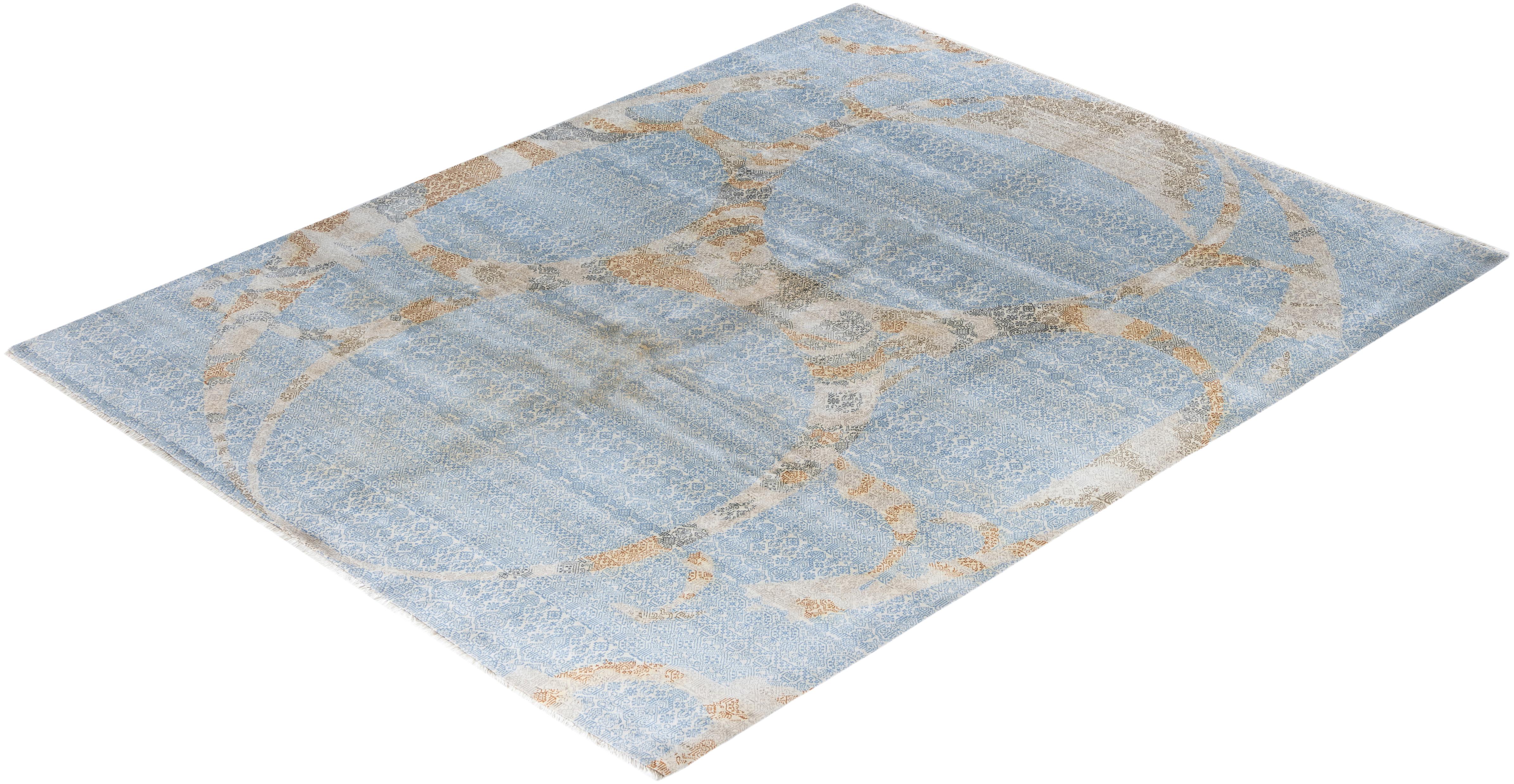 Ikat Tradicional Alfombra de Seda Abstracta Anudada a Mano Azul 8' 1