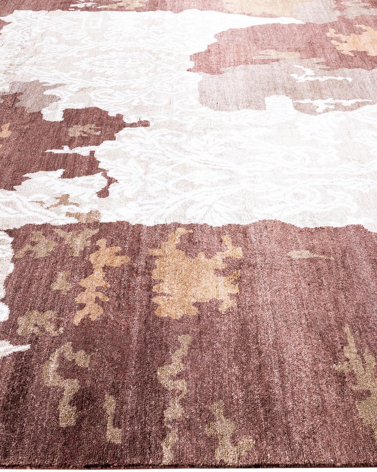 Tappeto tradizionale Ikat Annodato a mano in seta astratta Marrone 8' 1