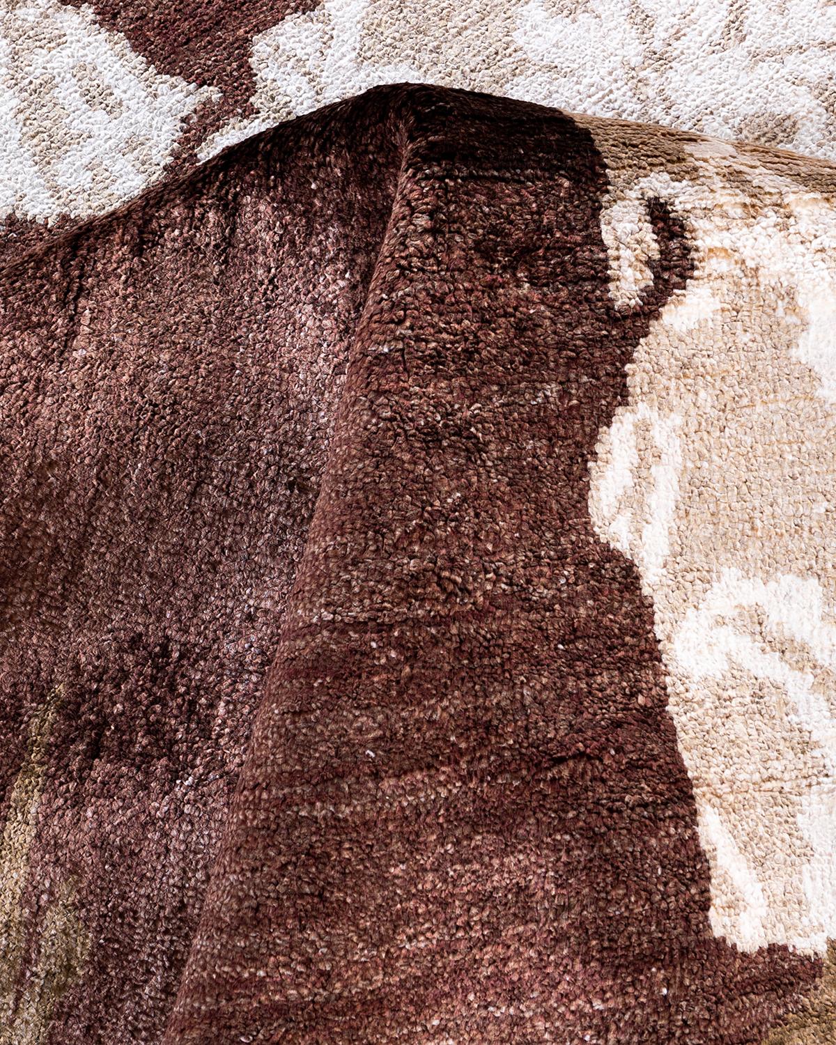 Tappeto tradizionale Ikat Annodato a mano in seta astratta Marrone 8' 1