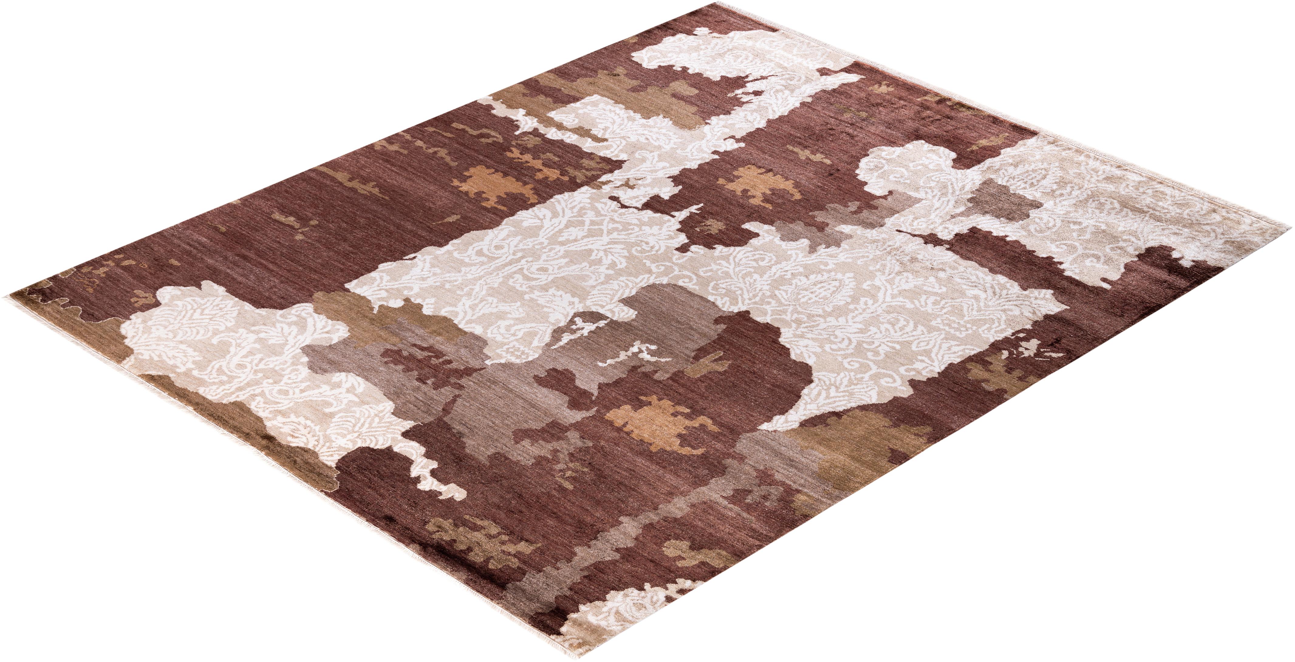 Tappeto tradizionale Ikat Annodato a mano in seta astratta Marrone 8' 1