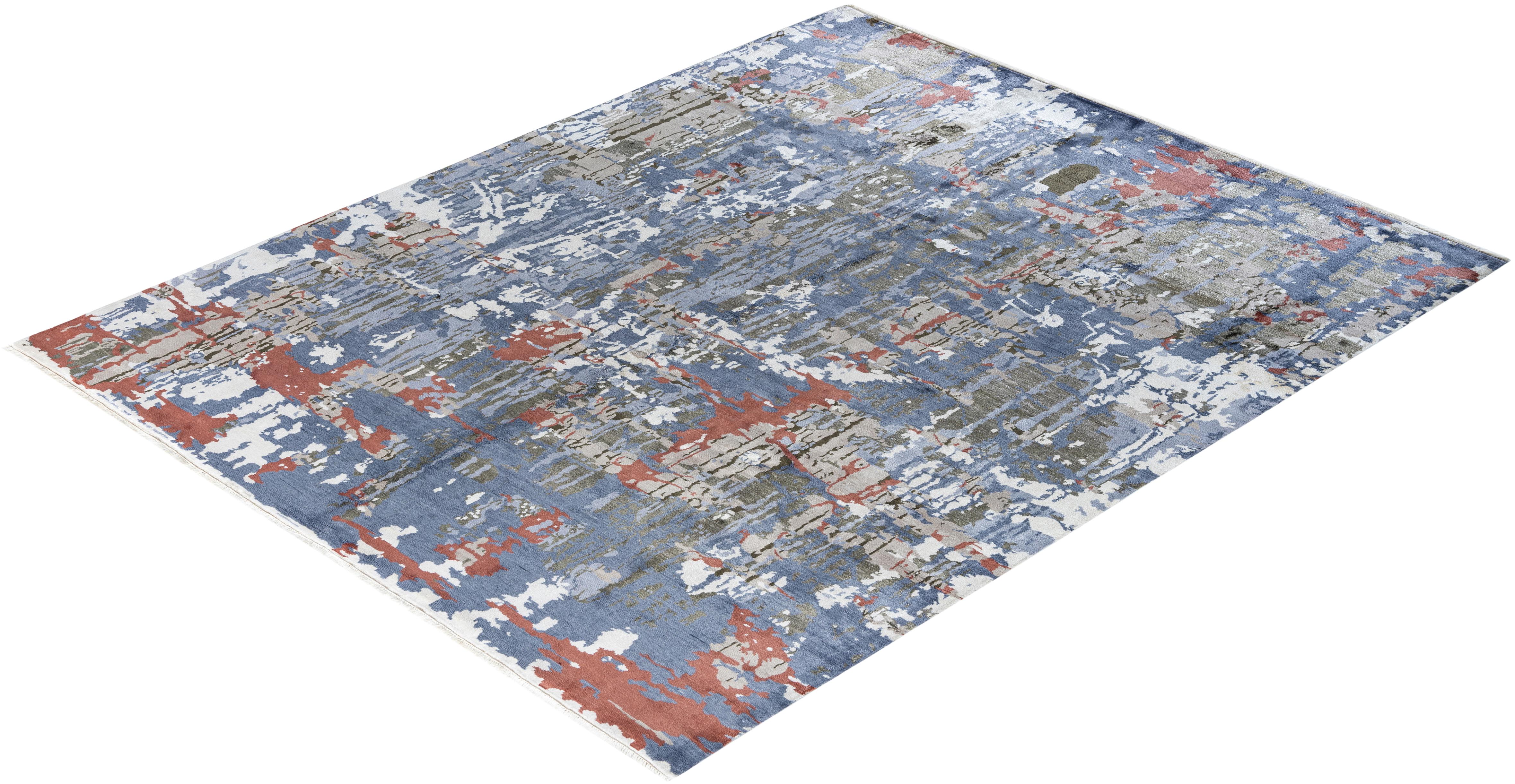 Tappeto tradizionale Ikat annodato a mano in seta astratta grigio 8' 2