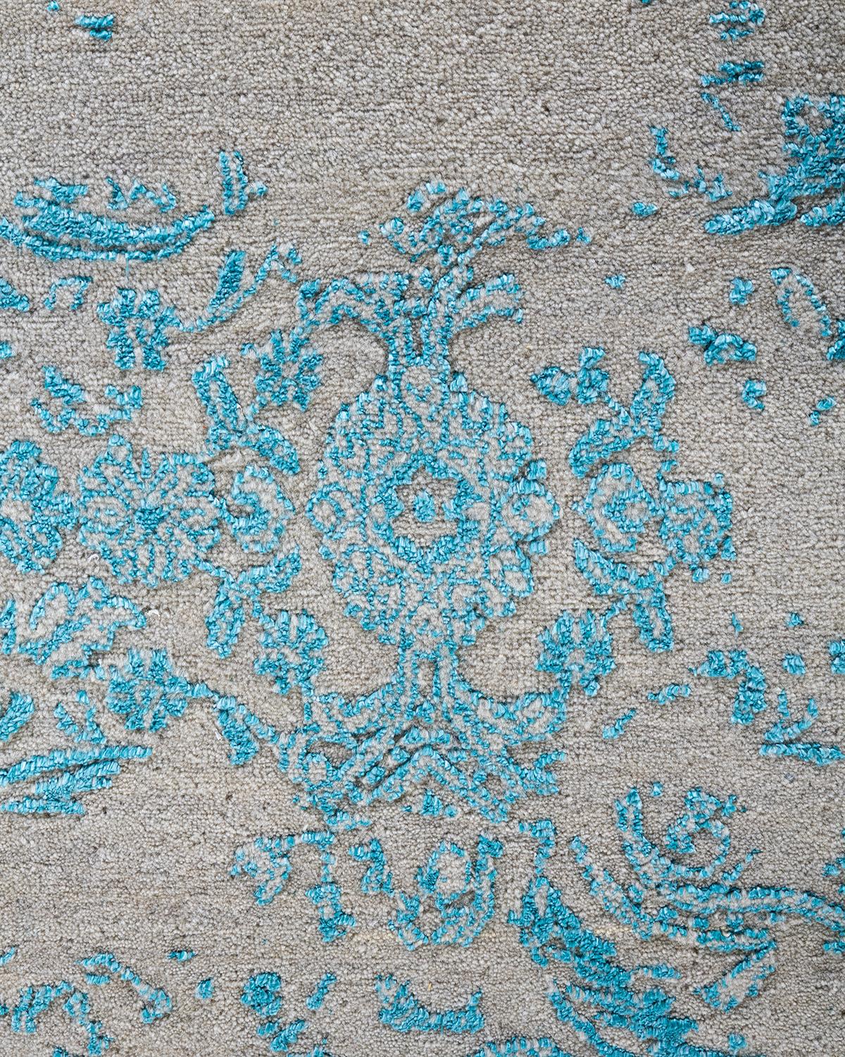 Indiano Tappeto tradizionale Ikat annodato a mano in seta astratta e lana beige 7' 10