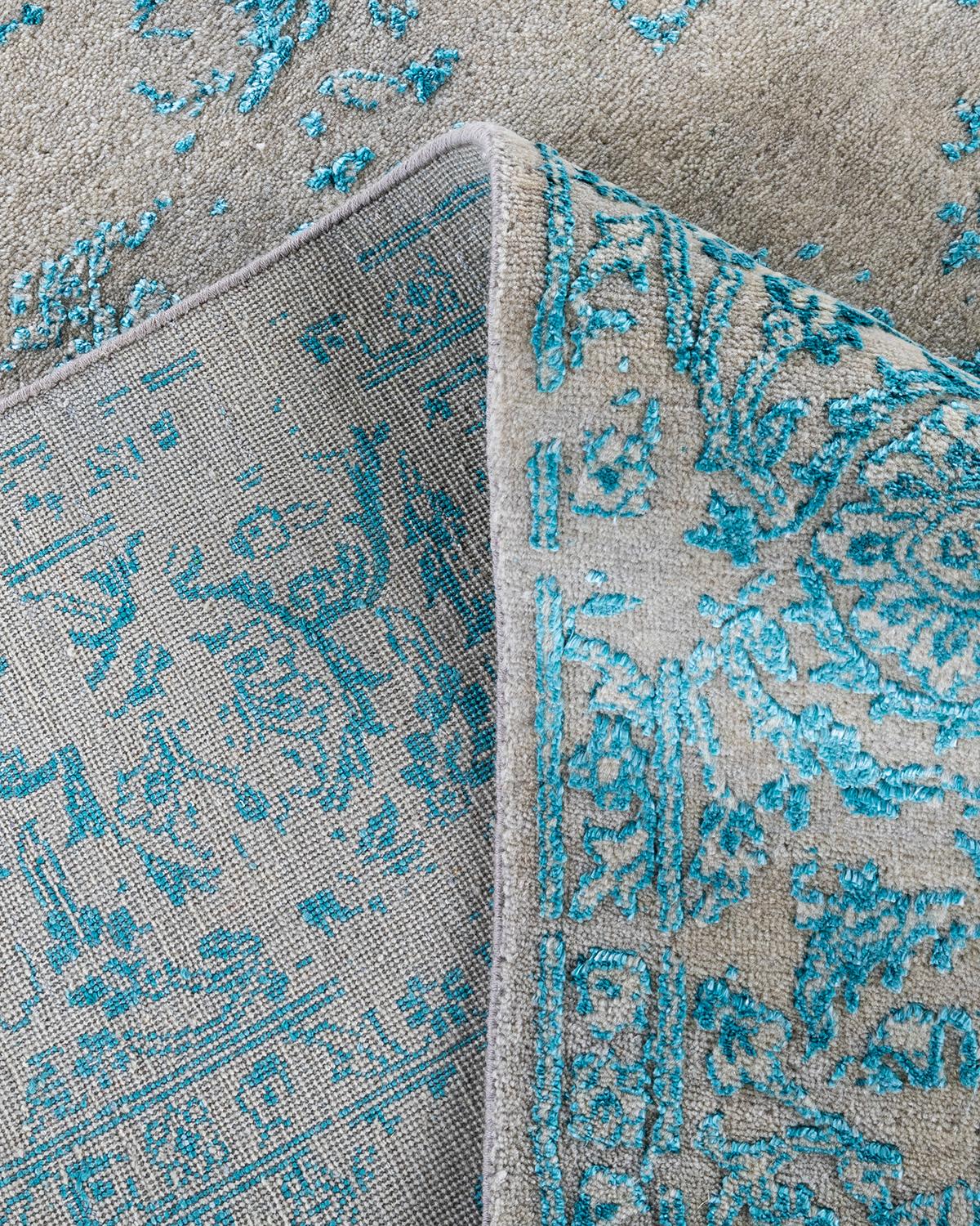 XXI secolo e contemporaneo Tappeto tradizionale Ikat annodato a mano in seta astratta e lana beige 7' 10