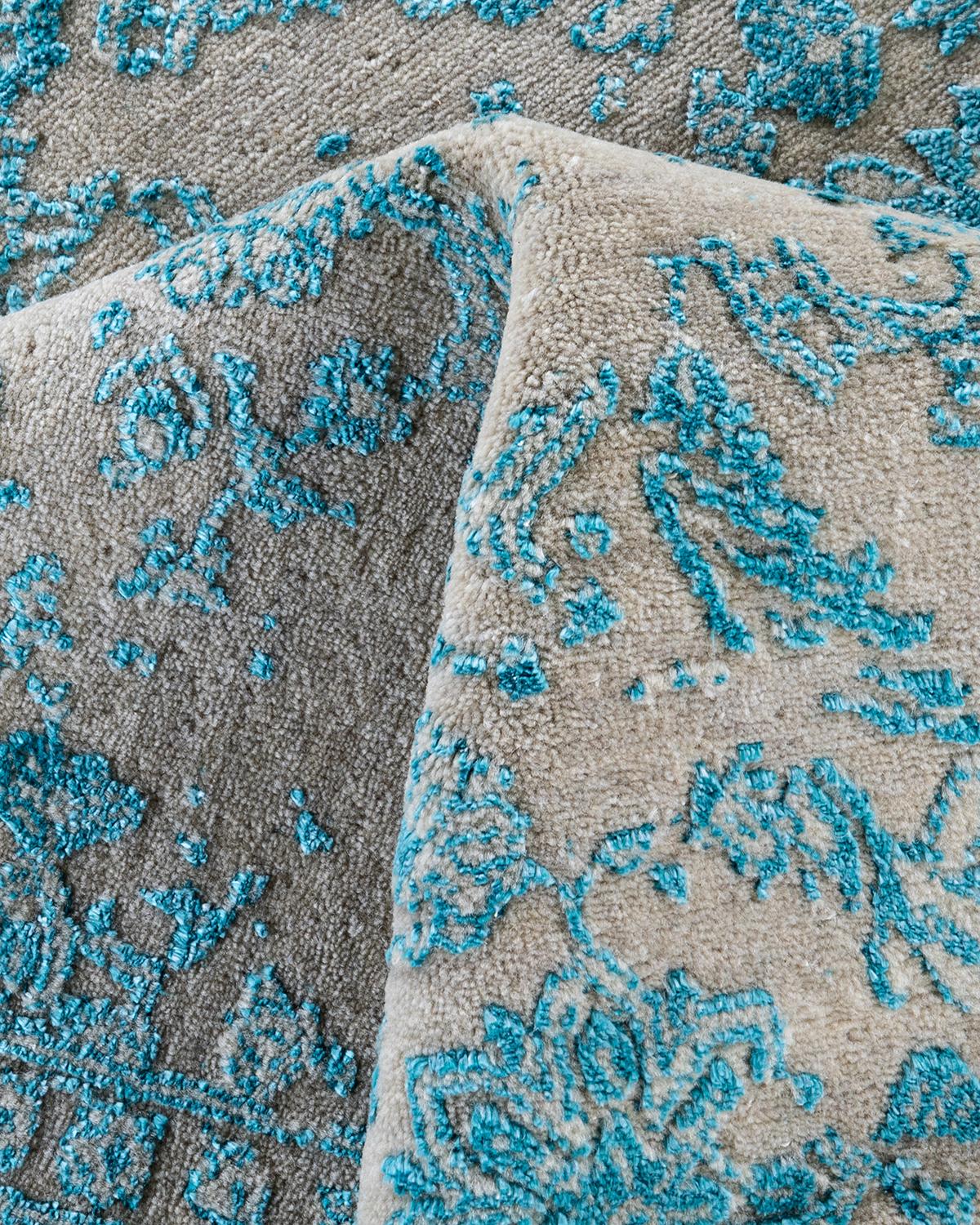 Lana Tappeto tradizionale Ikat annodato a mano in seta astratta e lana beige 7' 10