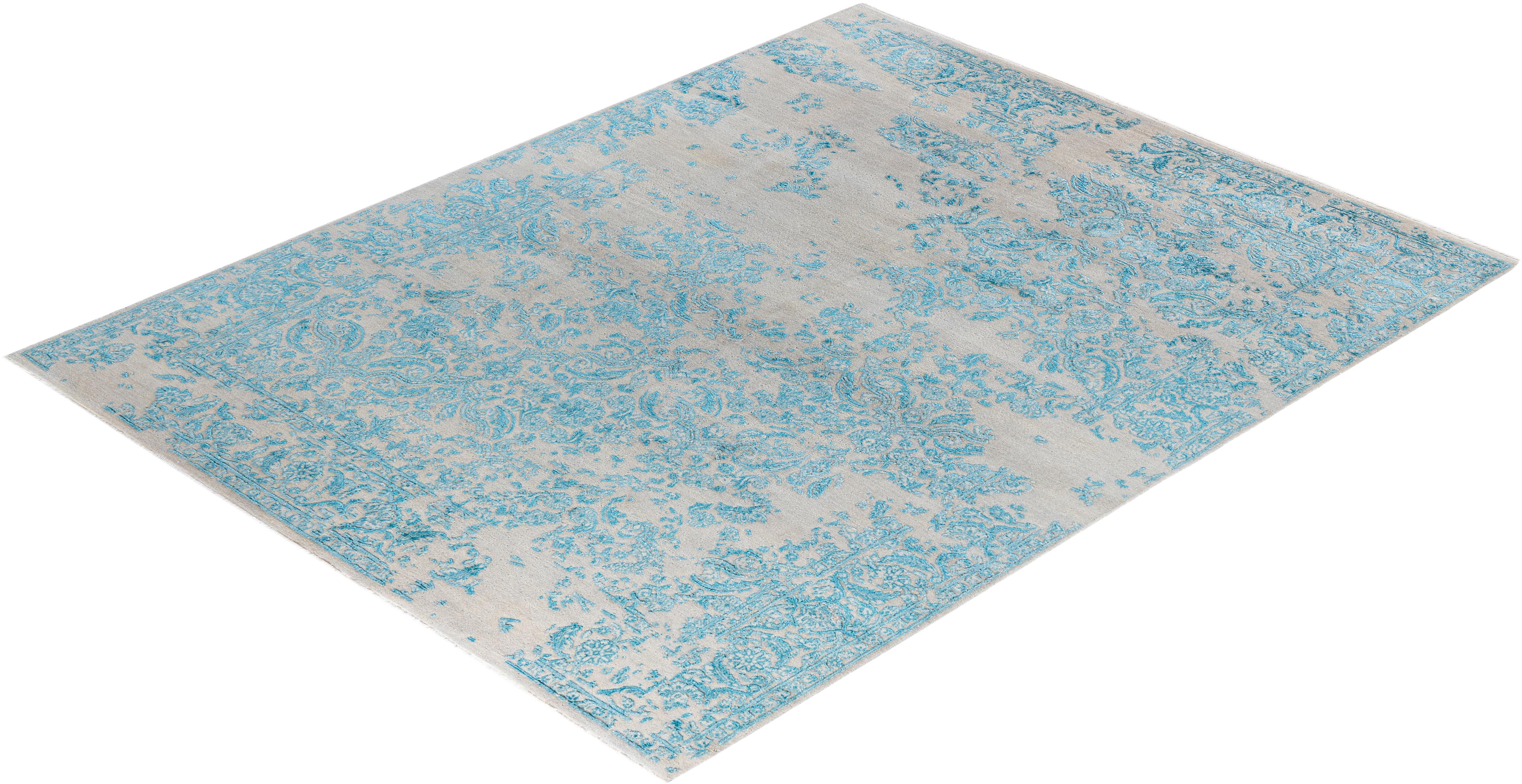 Tappeto tradizionale Ikat annodato a mano in seta astratta e lana beige 7' 10