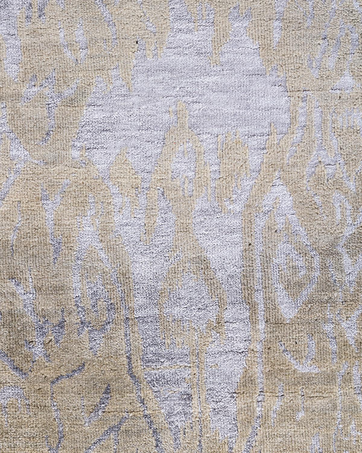 Indiano Tappeto tradizionale Ikat annodato a mano in seta e lana beige 7' 10