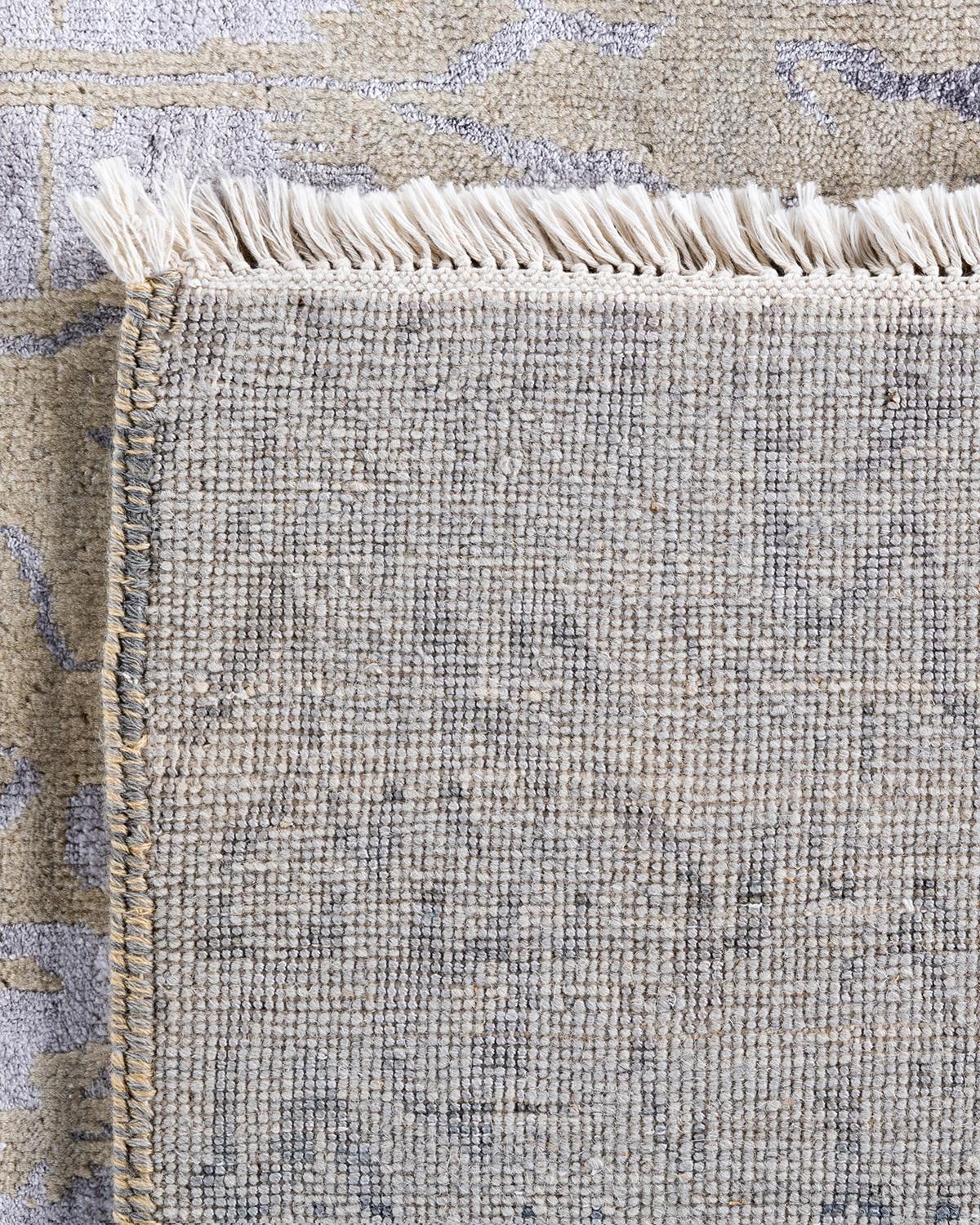 Tappeto tradizionale Ikat annodato a mano in seta e lana beige 7' 10
