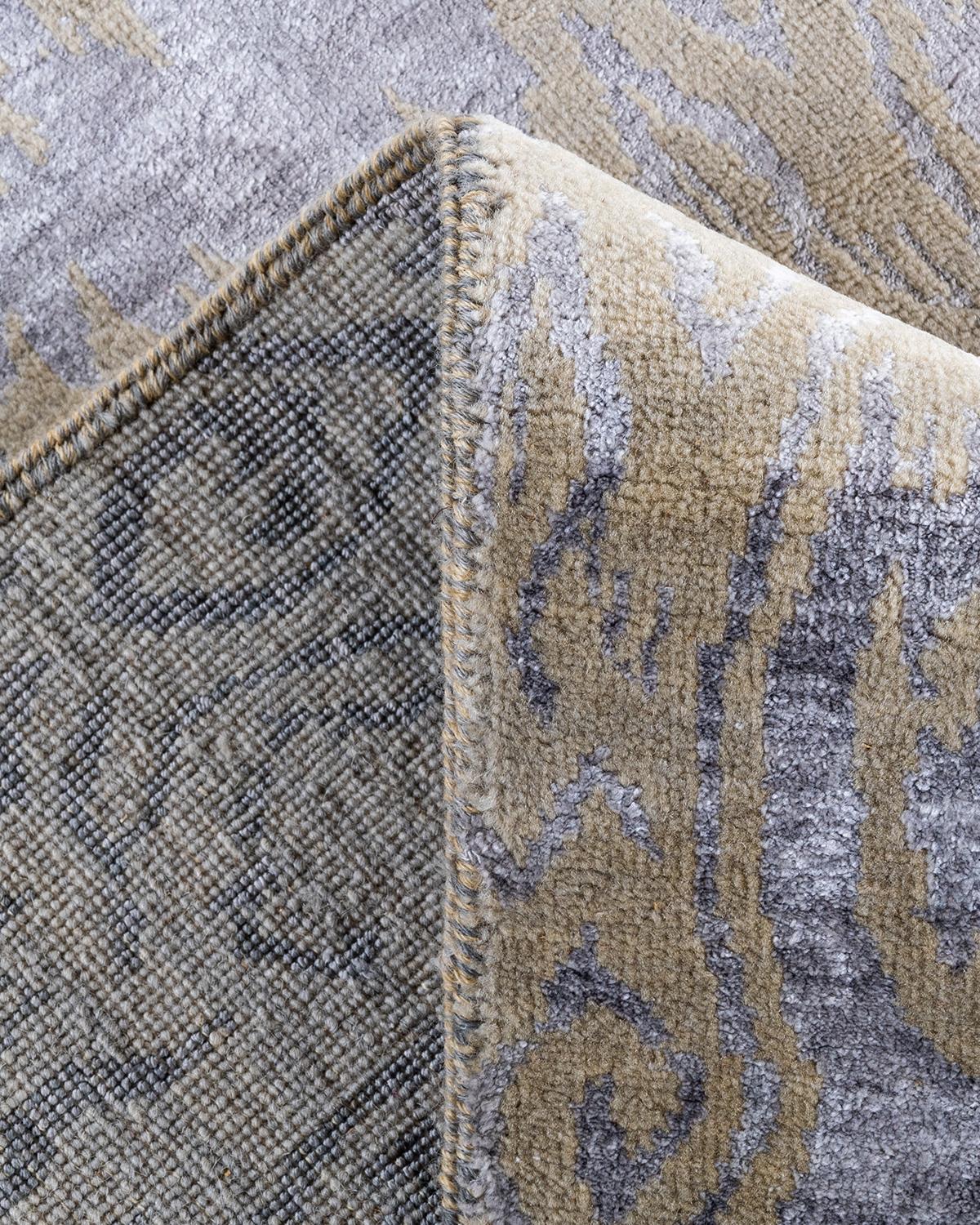 XXI secolo e contemporaneo Tappeto tradizionale Ikat annodato a mano in seta e lana beige 7' 10
