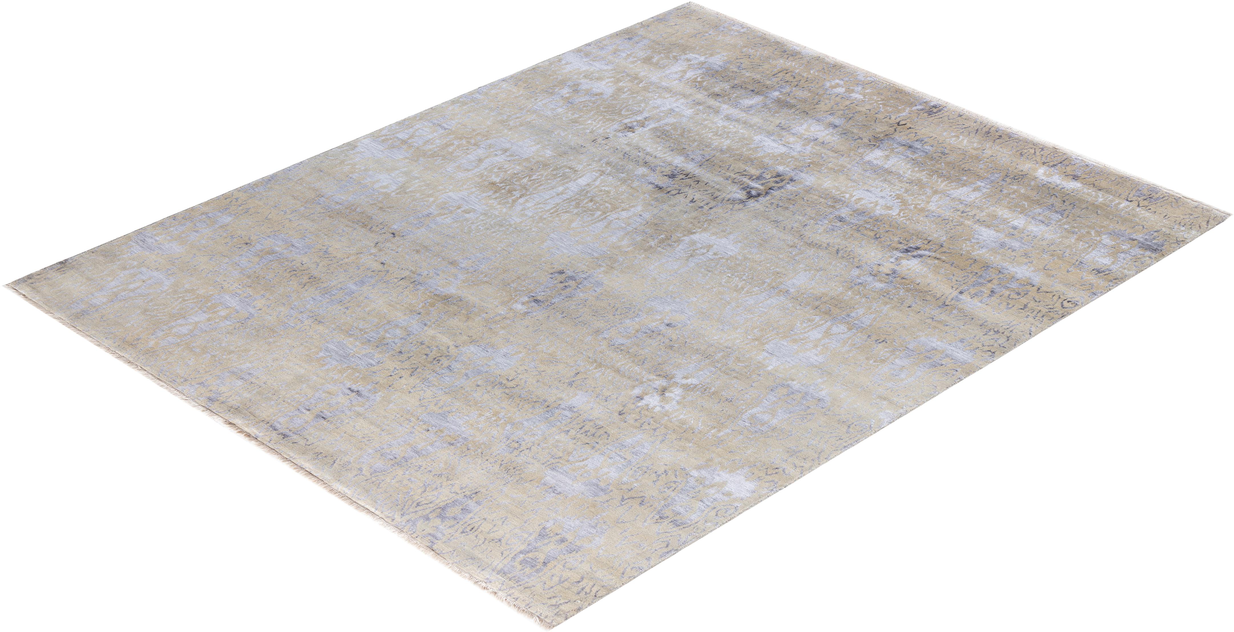 Tappeto tradizionale Ikat annodato a mano in seta e lana beige 7' 10