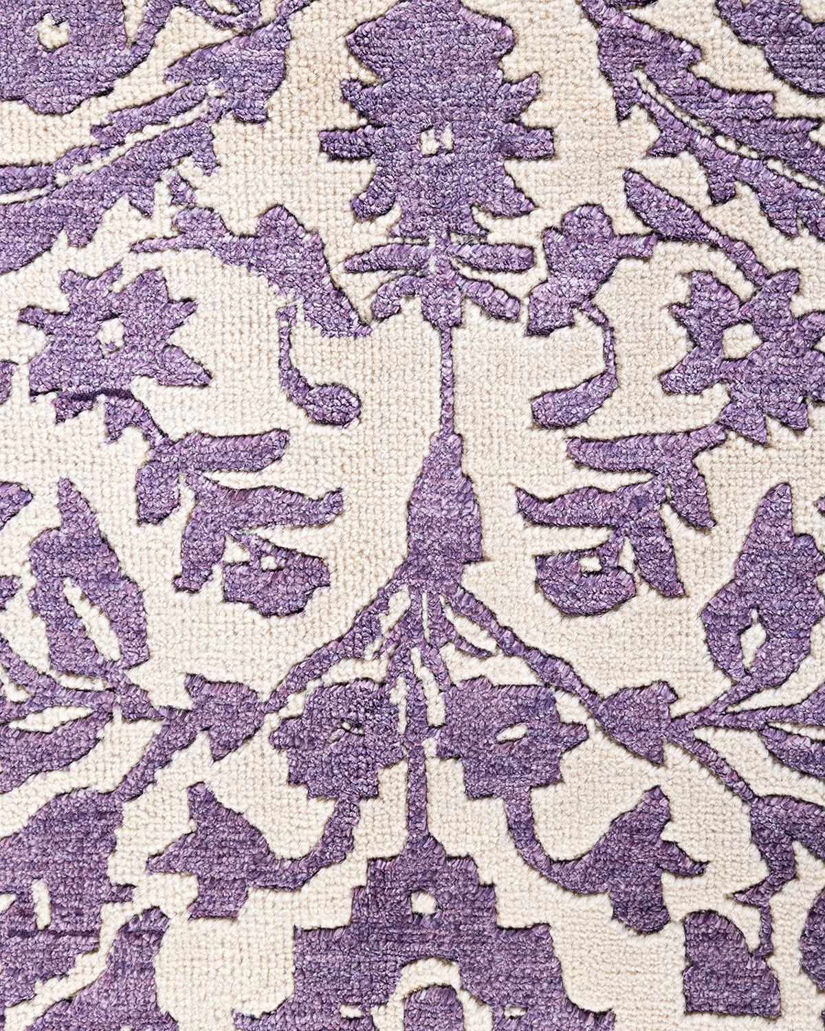 Indiano Tappeto tradizionale Ikat annodato a mano in seta e lana beige 8' 1
