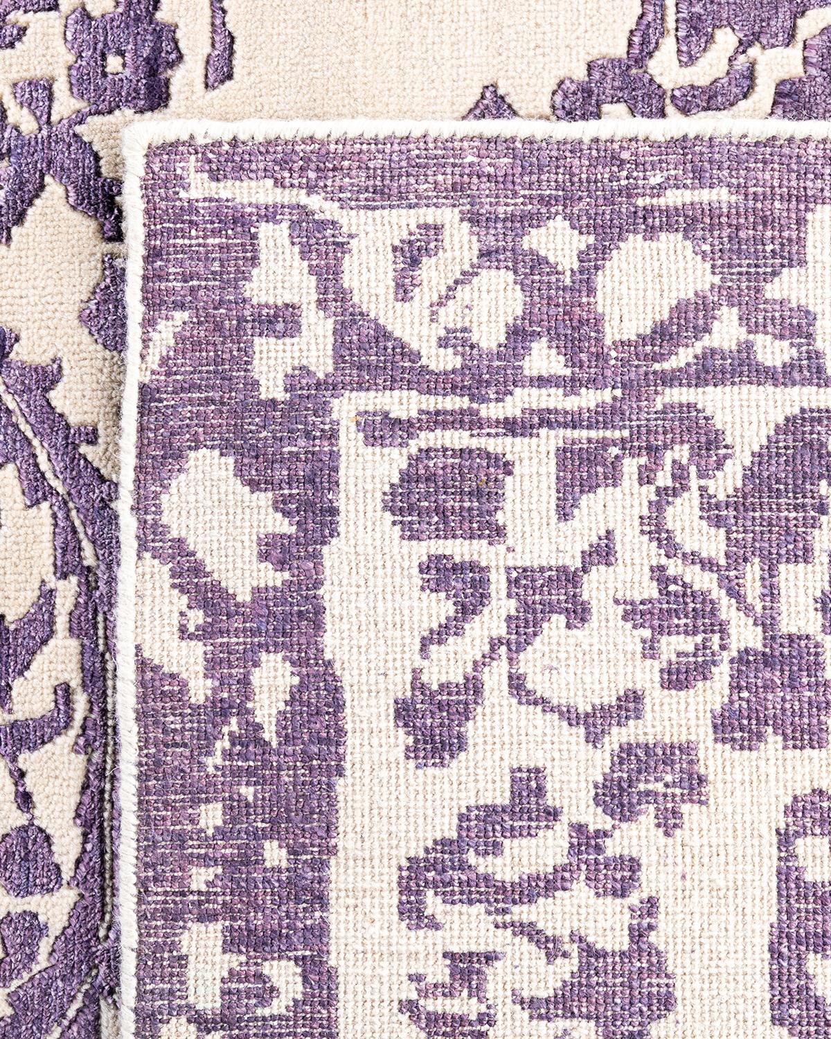 Tappeto tradizionale Ikat annodato a mano in seta e lana beige 8' 1
