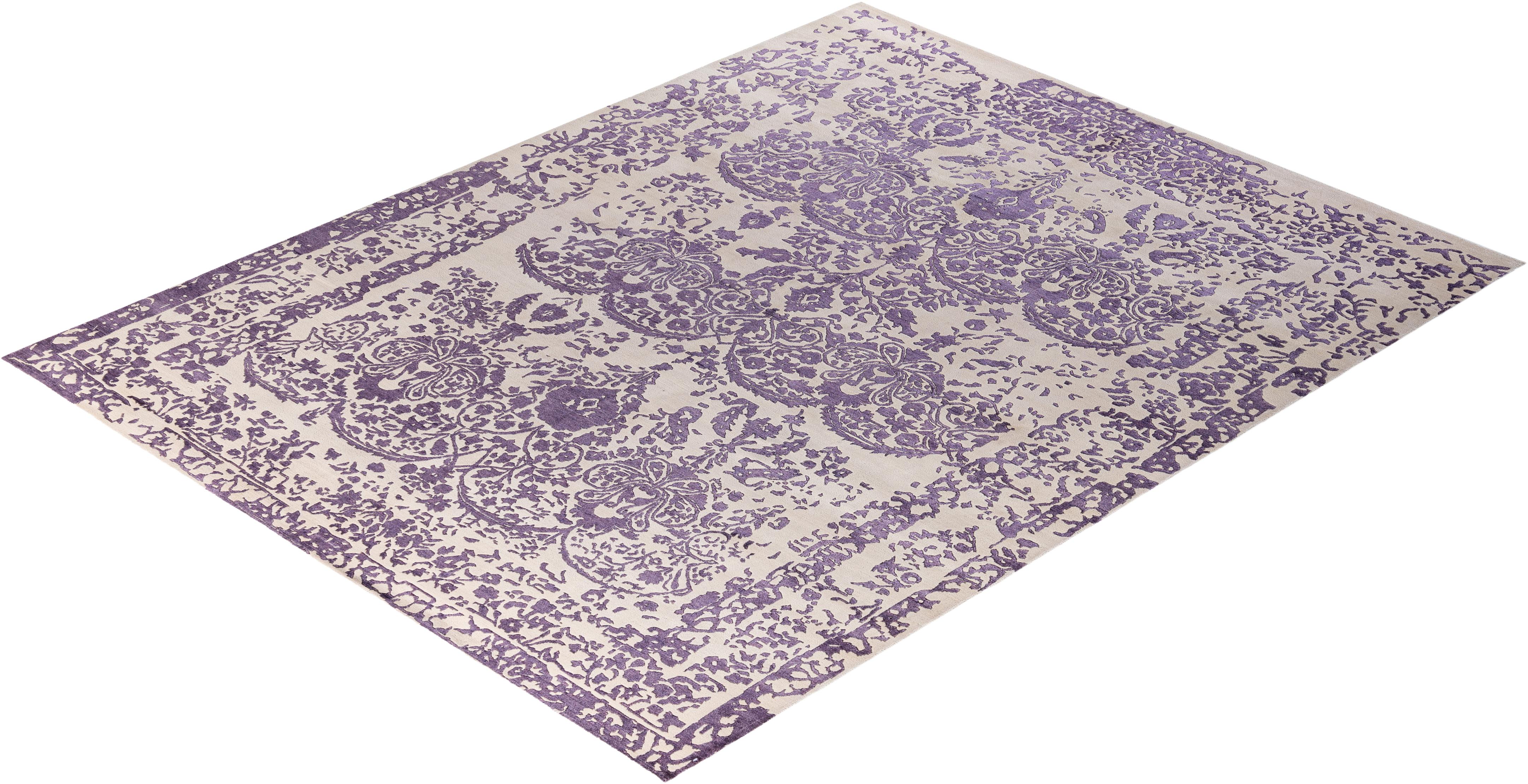Tappeto tradizionale Ikat annodato a mano in seta e lana beige 8' 1