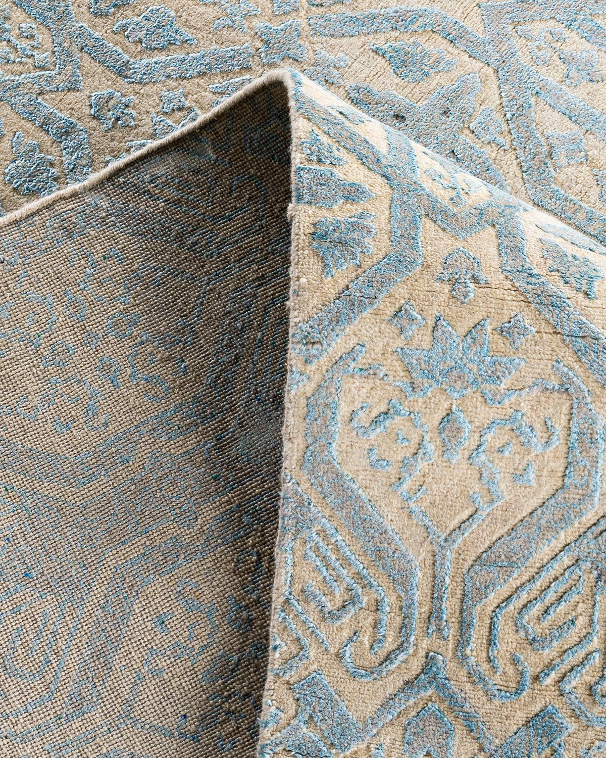 Ikat Tradicional Alfombra Abstracta Anudada a Mano de Seda y Lana Beige 8' 1