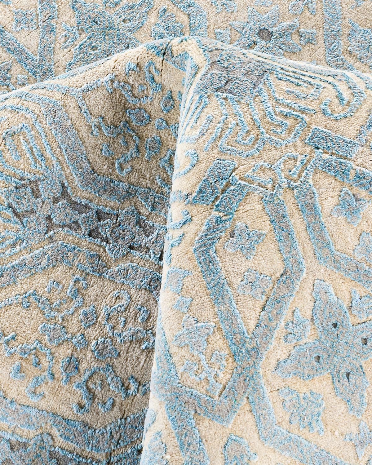 Ikat Tradicional Alfombra Abstracta Anudada a Mano de Seda y Lana Beige 8' 1