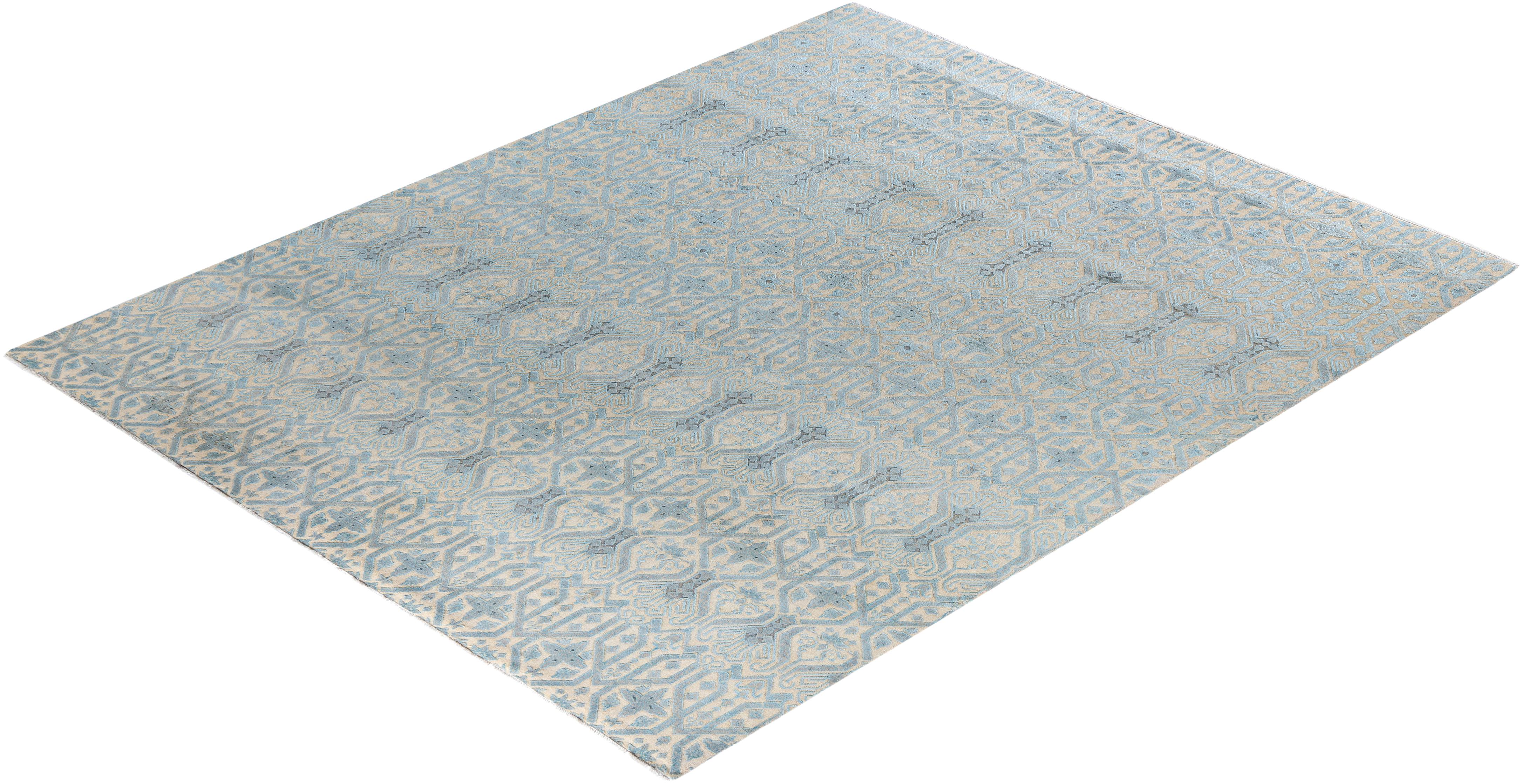 Ikat Tradicional Alfombra Abstracta Anudada a Mano de Seda y Lana Beige 8' 1
