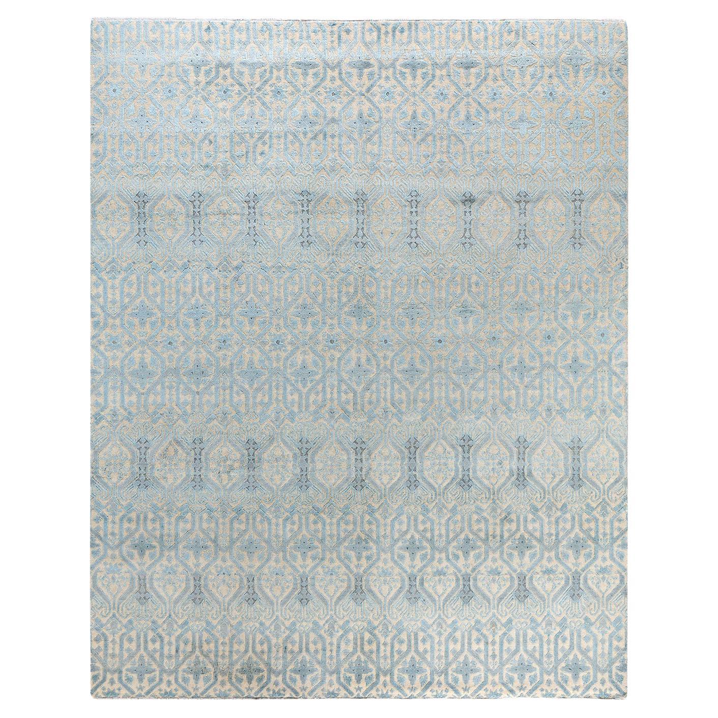 Traditioneller handgeknüpfter abstrakter Ikat-Teppich aus Seide und Wolle in Beige, 8' 1" x 10' 2"