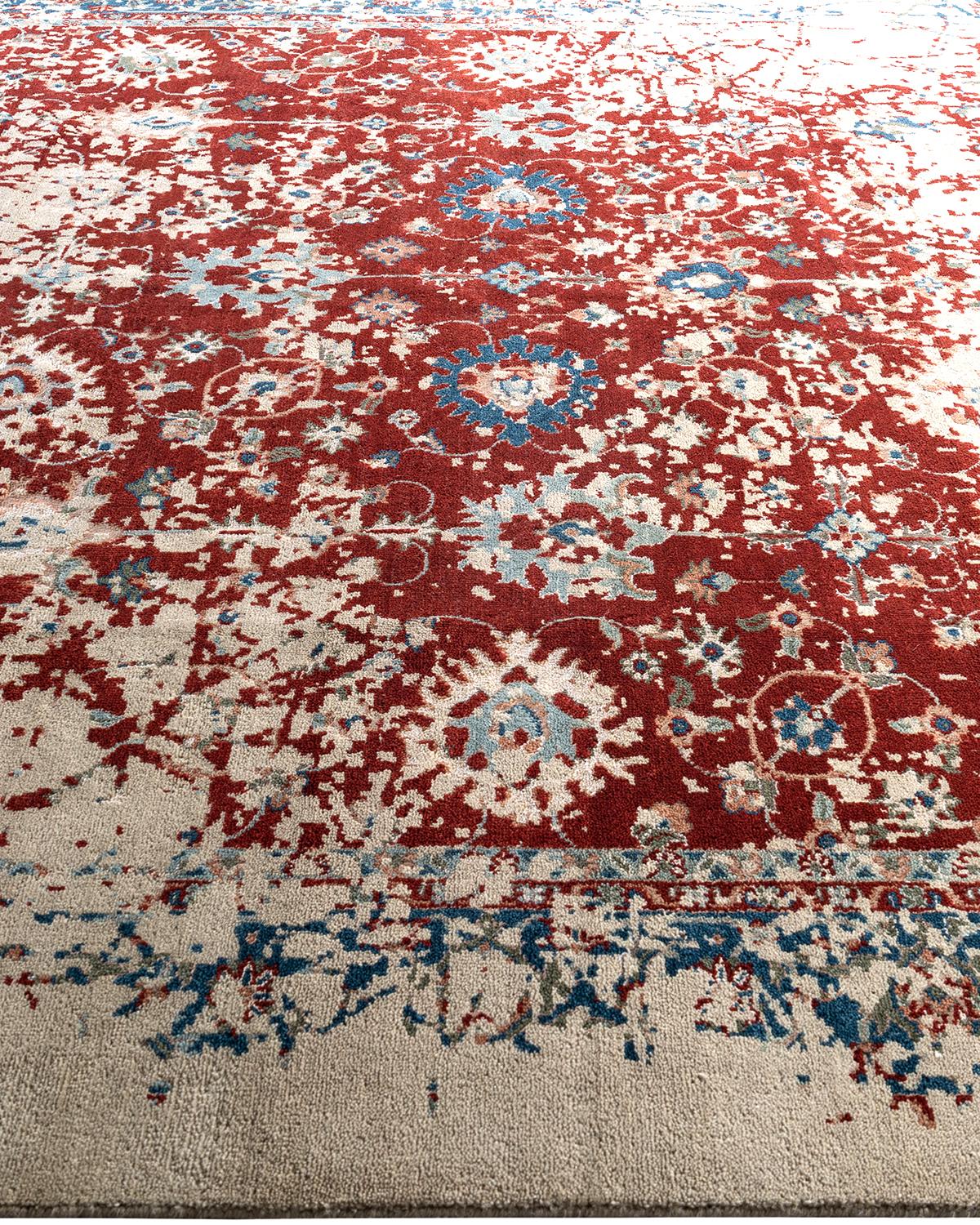 Traditioneller handgeknüpfter abstrakter Ikat-Teppich aus Seide und Wolle in Beige, 8' 1