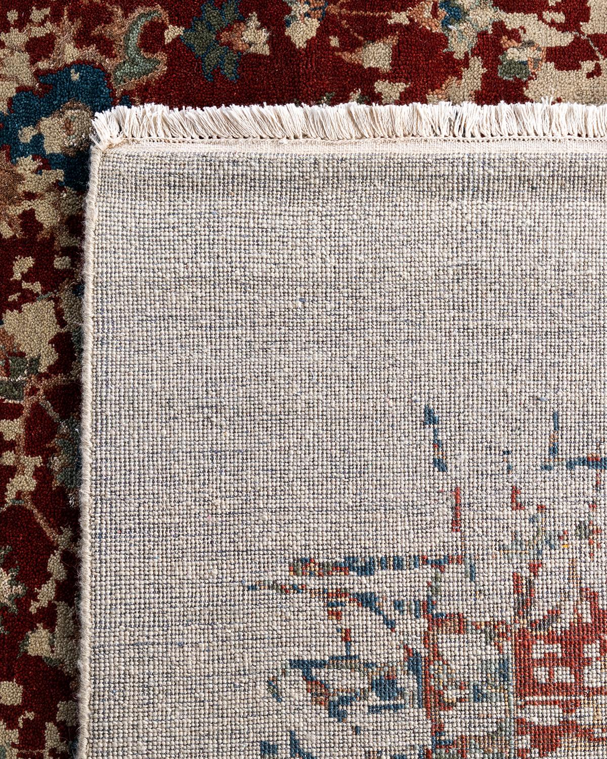 Traditioneller handgeknüpfter abstrakter Ikat-Teppich aus Seide und Wolle in Beige, 8' 1