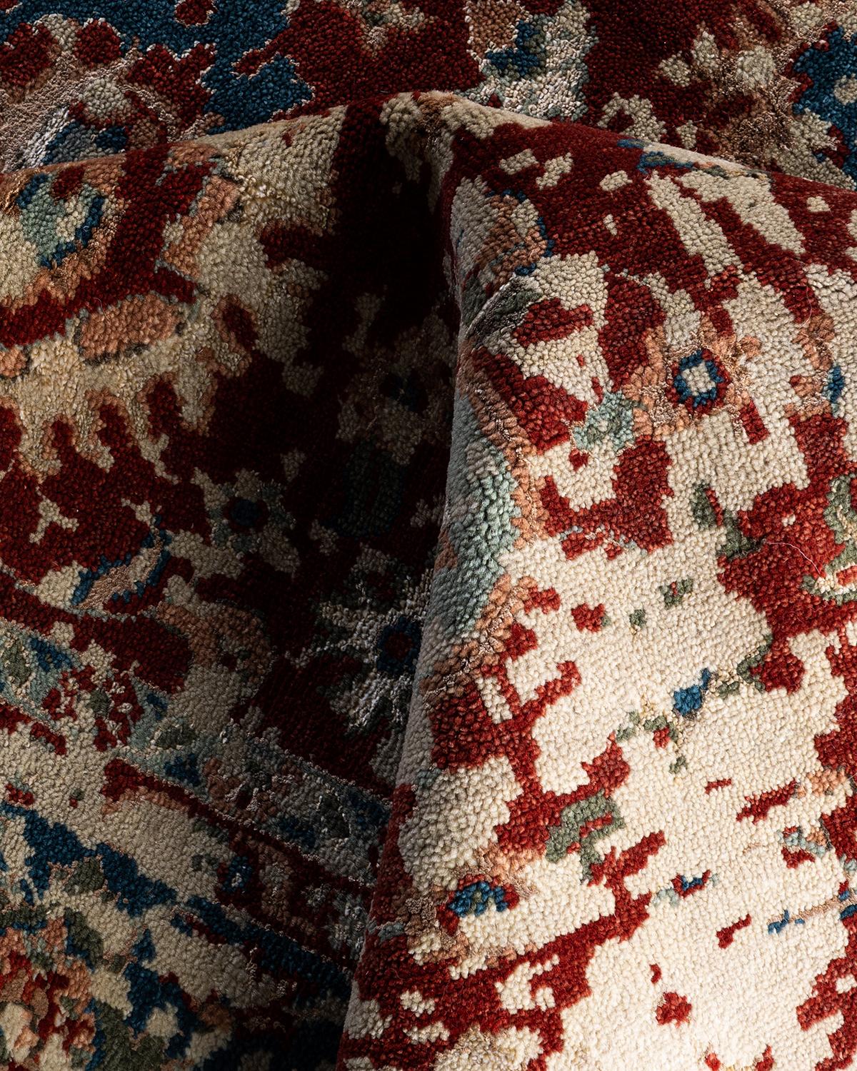 Traditioneller handgeknüpfter abstrakter Ikat-Teppich aus Seide und Wolle in Beige, 8' 1