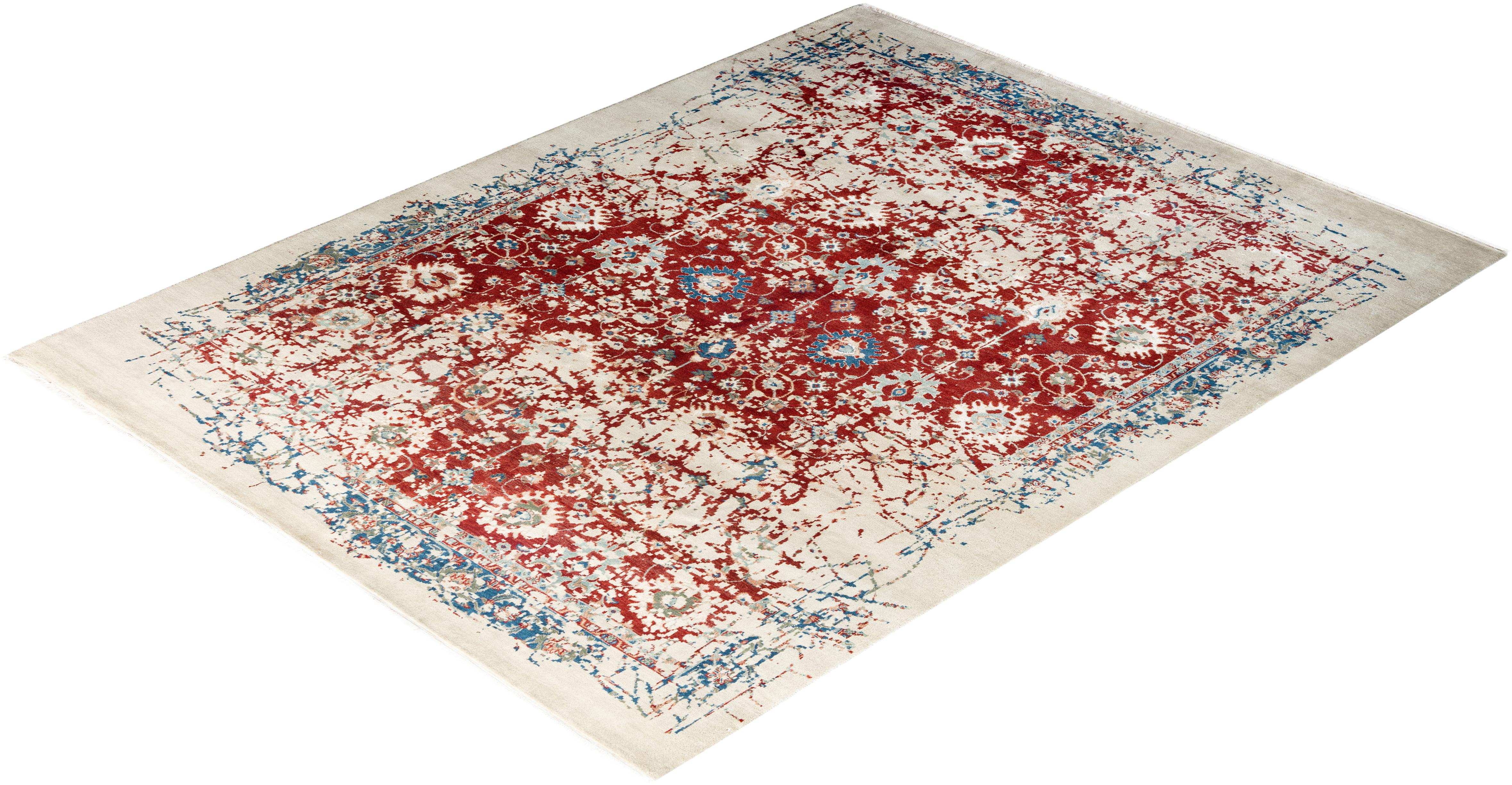 Traditioneller handgeknüpfter abstrakter Ikat-Teppich aus Seide und Wolle in Beige, 8' 1