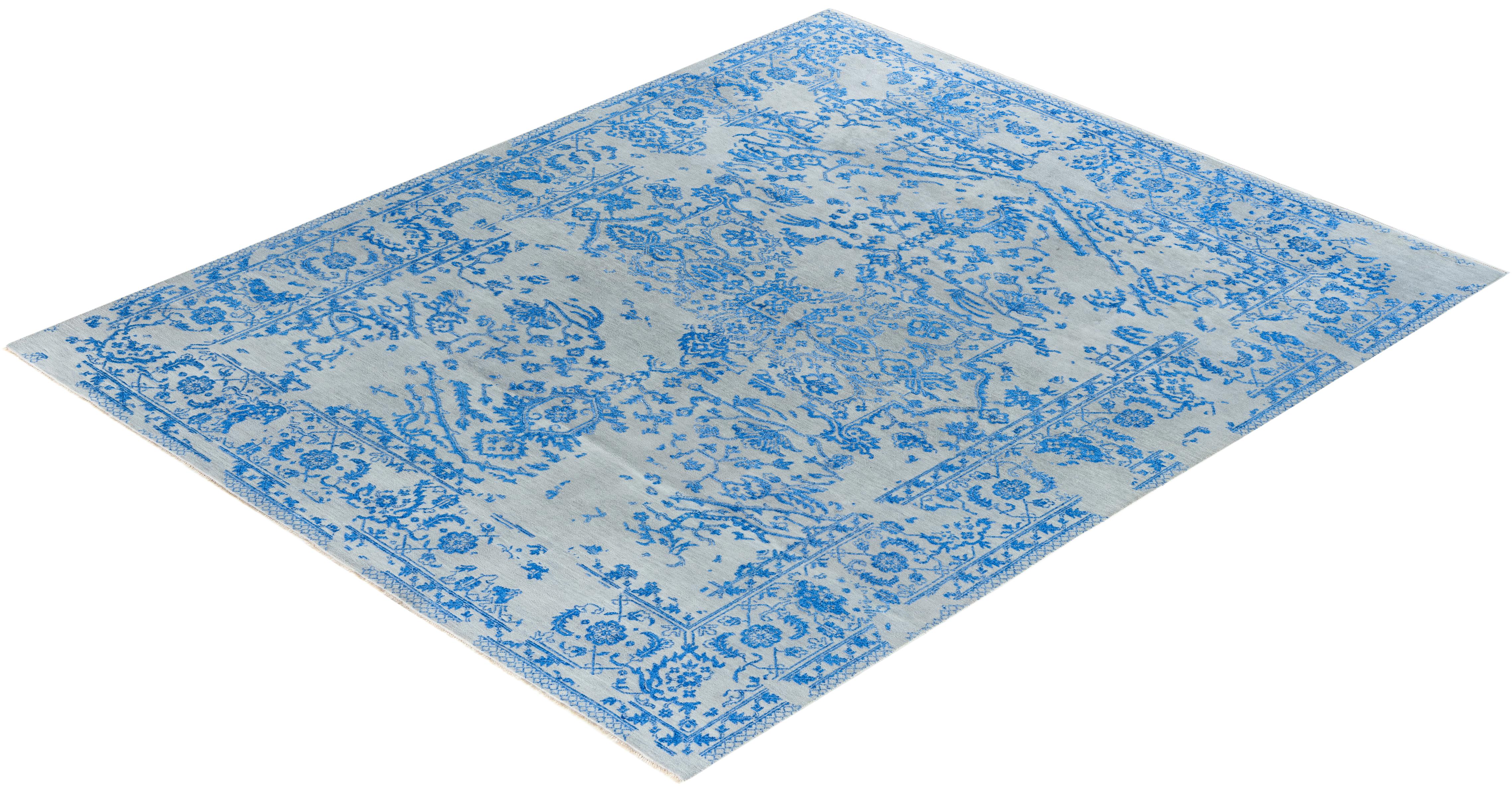 Tappeto tradizionale Ikat annodato a mano in seta e lana beige 8' 1
