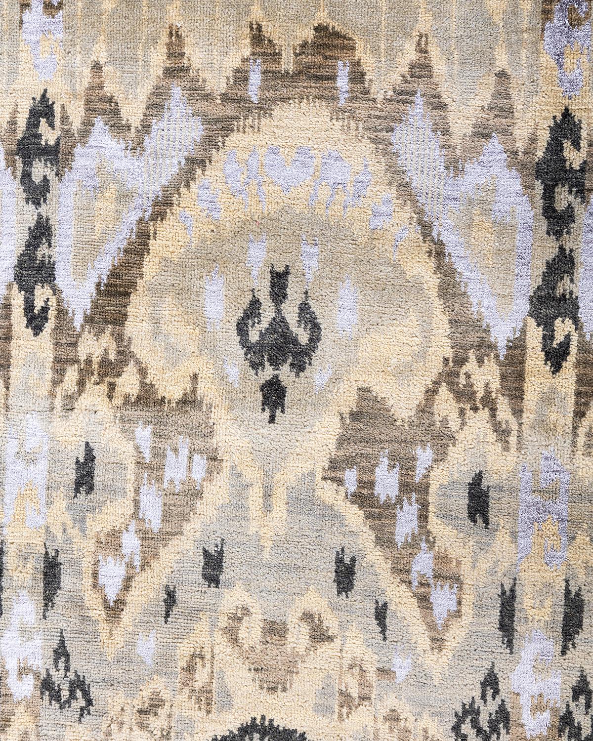 Indian Traditional Ikat Hand Knotted Abstract Silk & Wool Beige Area Rug 8' 10