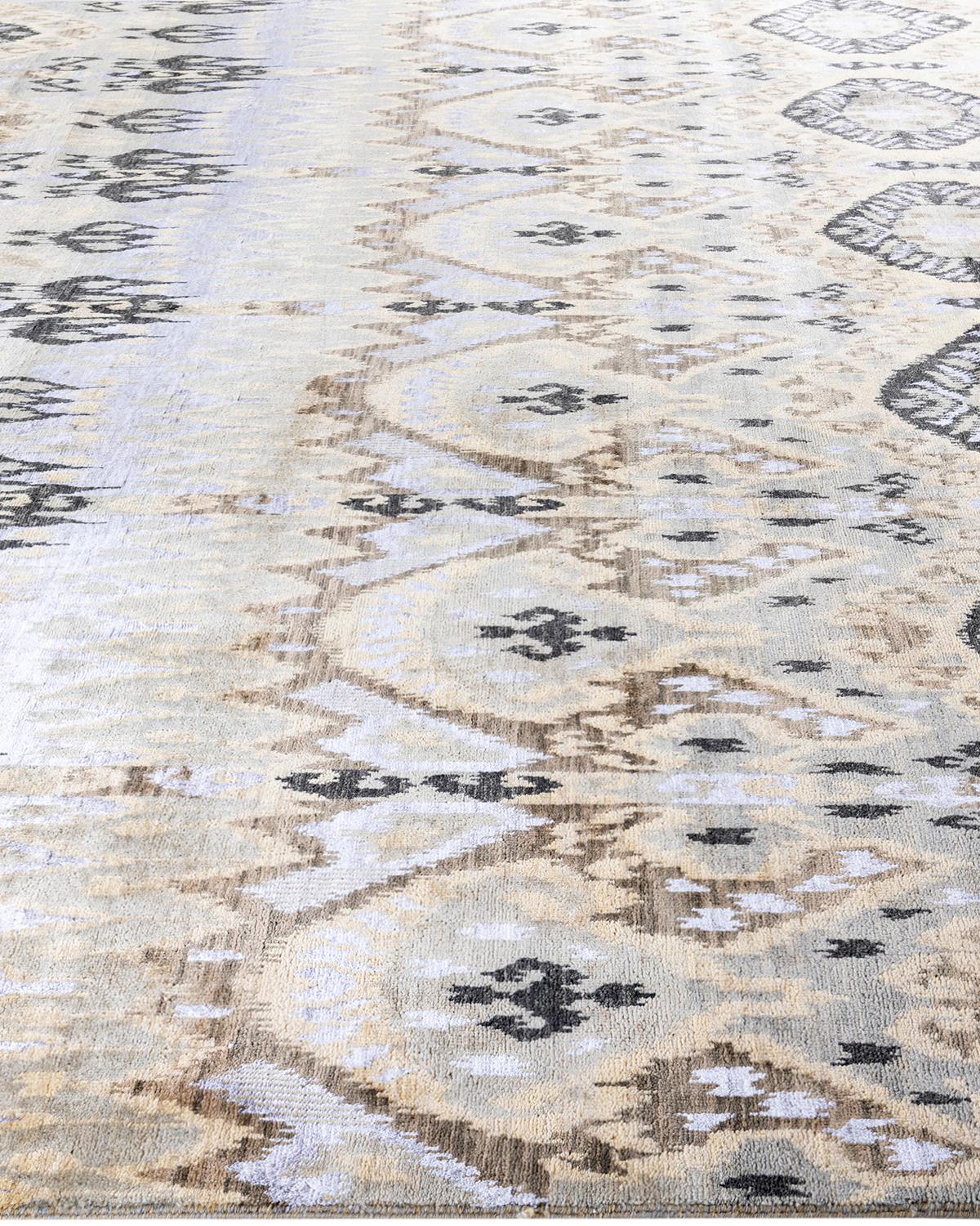 Hand-Knotted Traditional Ikat Hand Knotted Abstract Silk & Wool Beige Area Rug 8' 10