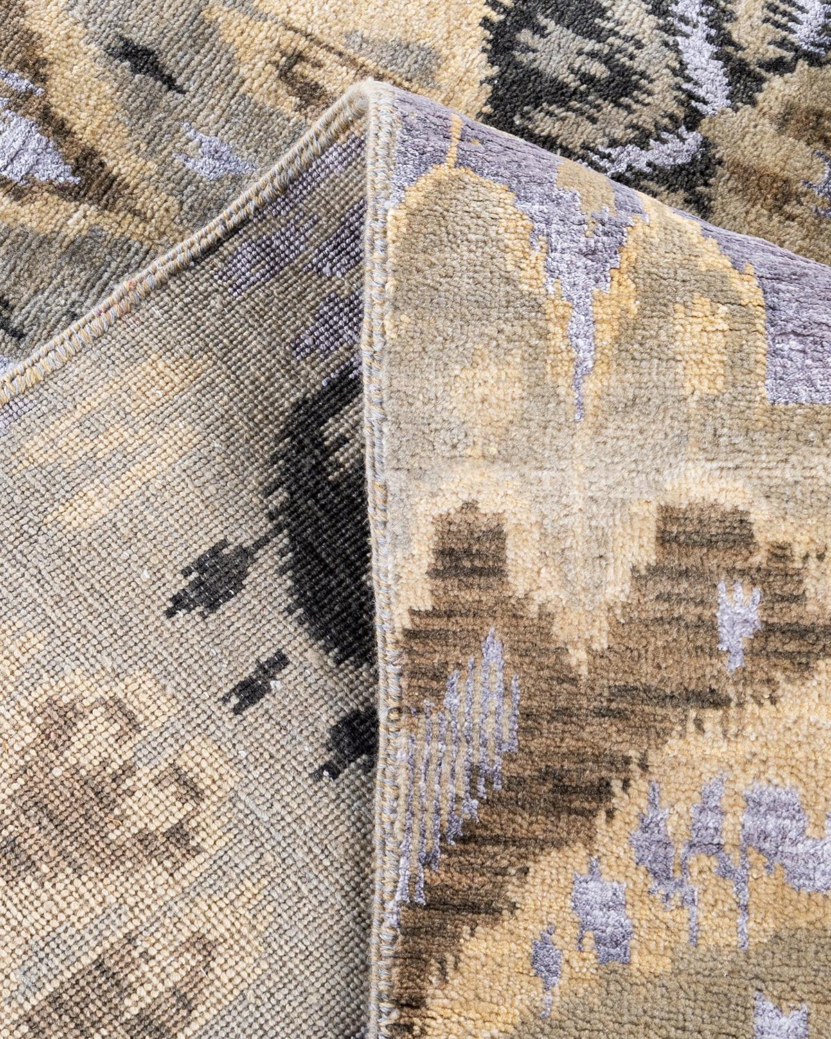 Contemporary Traditional Ikat Hand Knotted Abstract Silk & Wool Beige Area Rug 8' 10