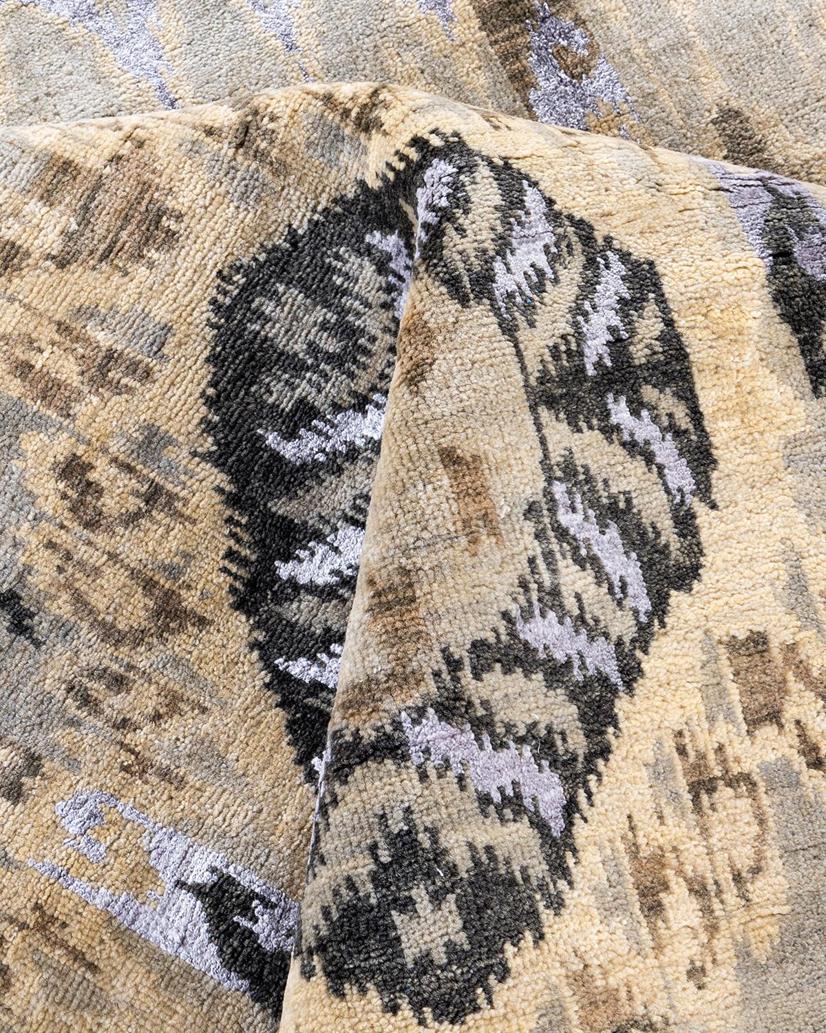 Traditional Ikat Hand Knotted Abstract Silk & Wool Beige Area Rug 8' 10