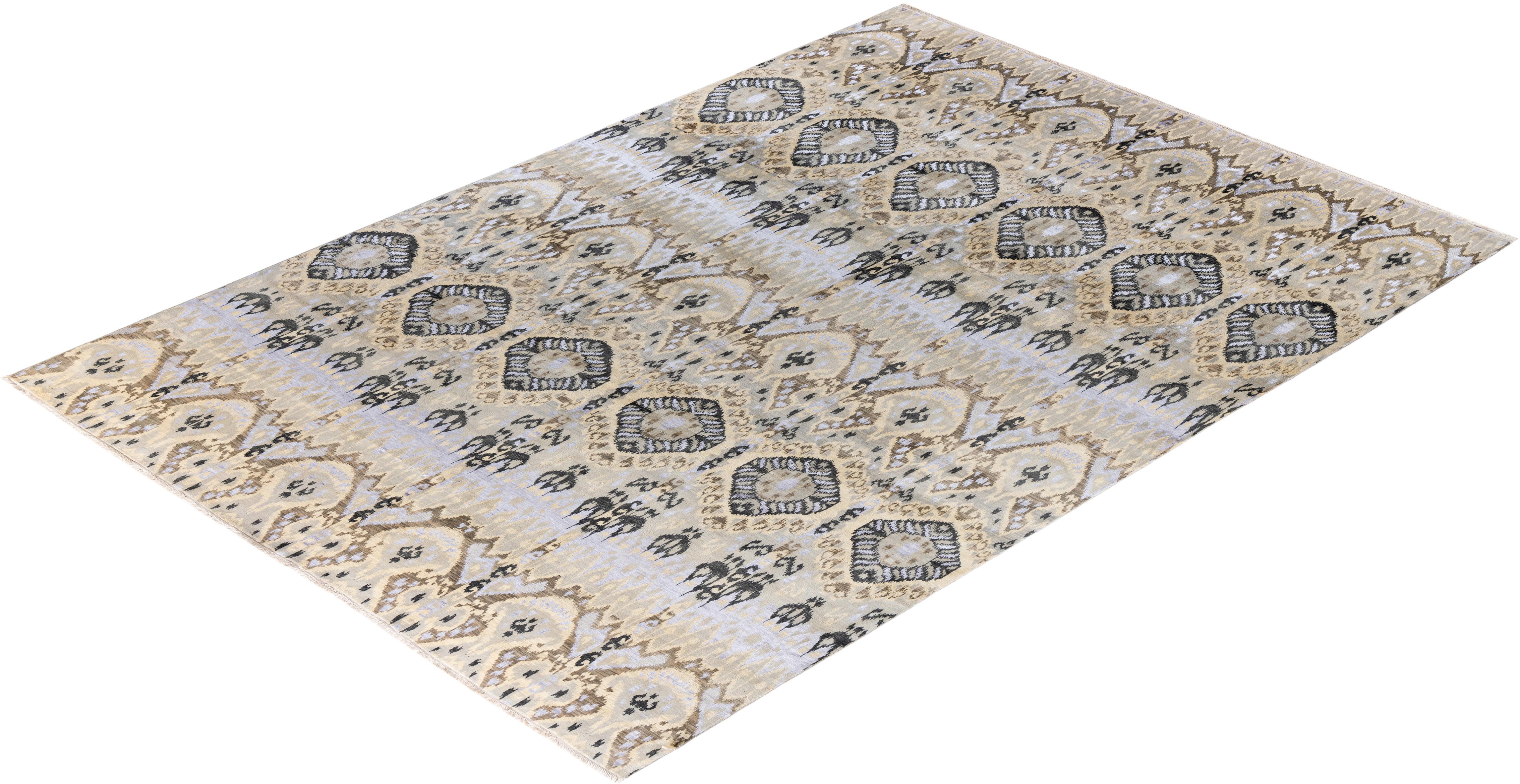 Traditional Ikat Hand Knotted Abstract Silk & Wool Beige Area Rug 8' 10