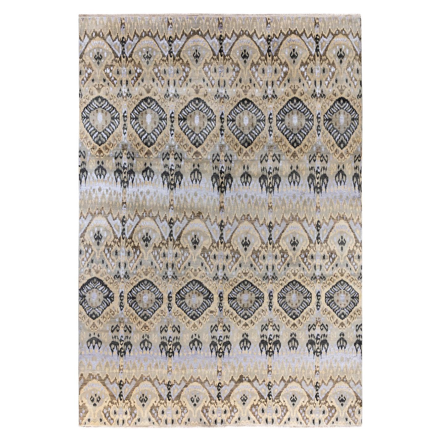 Traditional Ikat Hand Knotted Abstract Silk & Wool Beige Area Rug 8' 10" x 12'5"