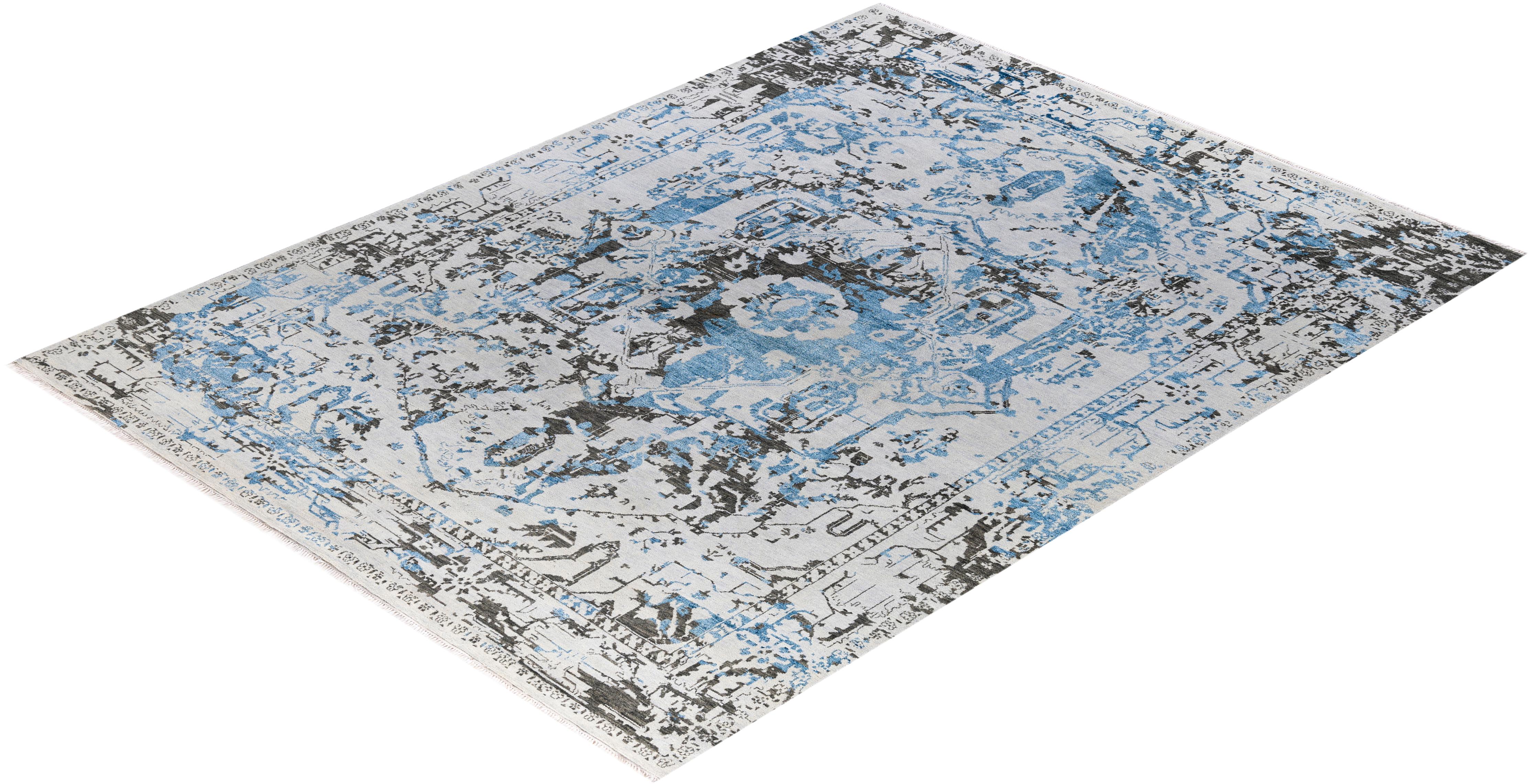 Tappeto tradizionale Ikat annodato a mano in seta e lana beige 8' 2