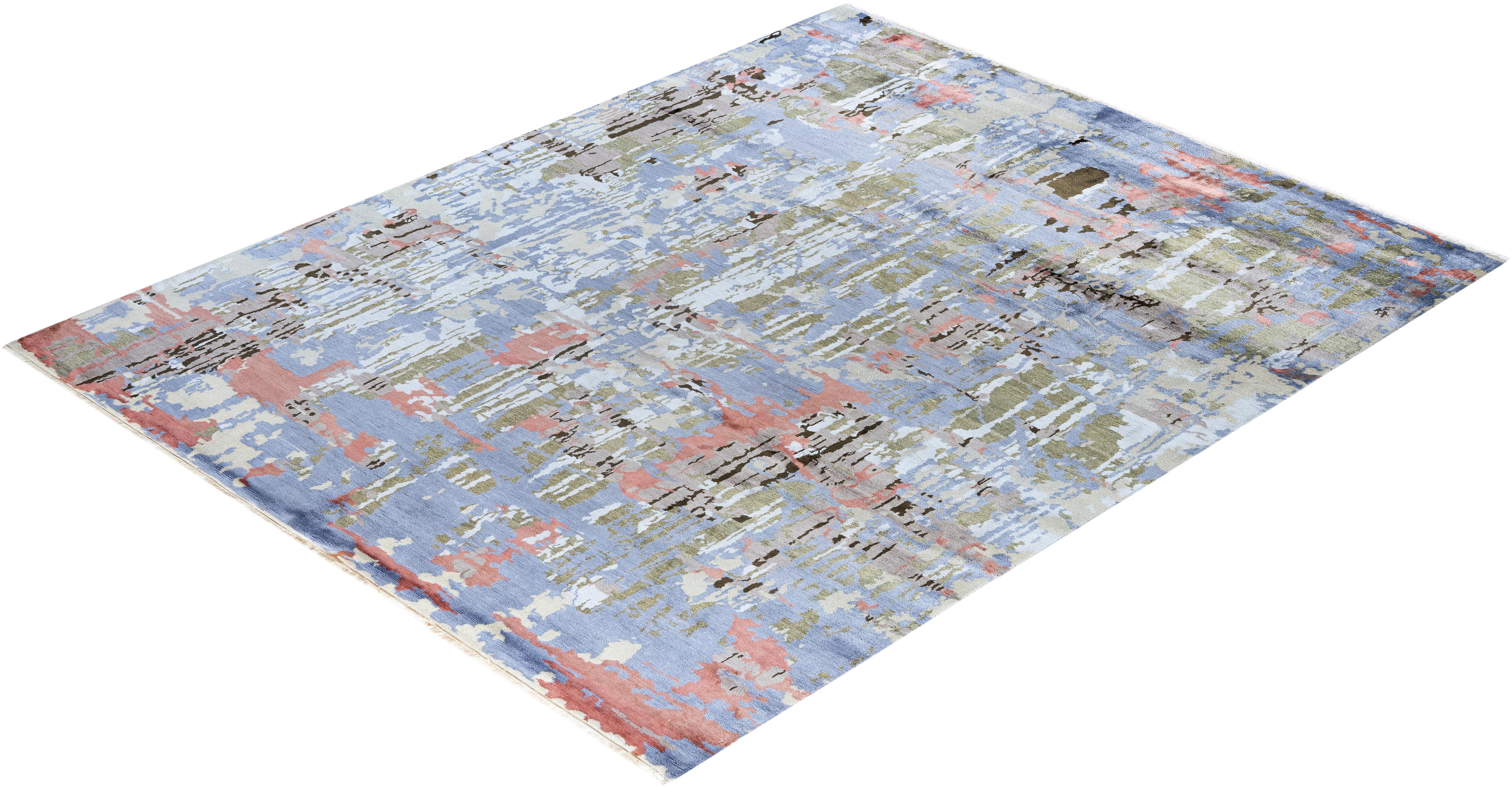 Tappeto tradizionale Ikat annodato a mano in seta e lana beige 8' 3