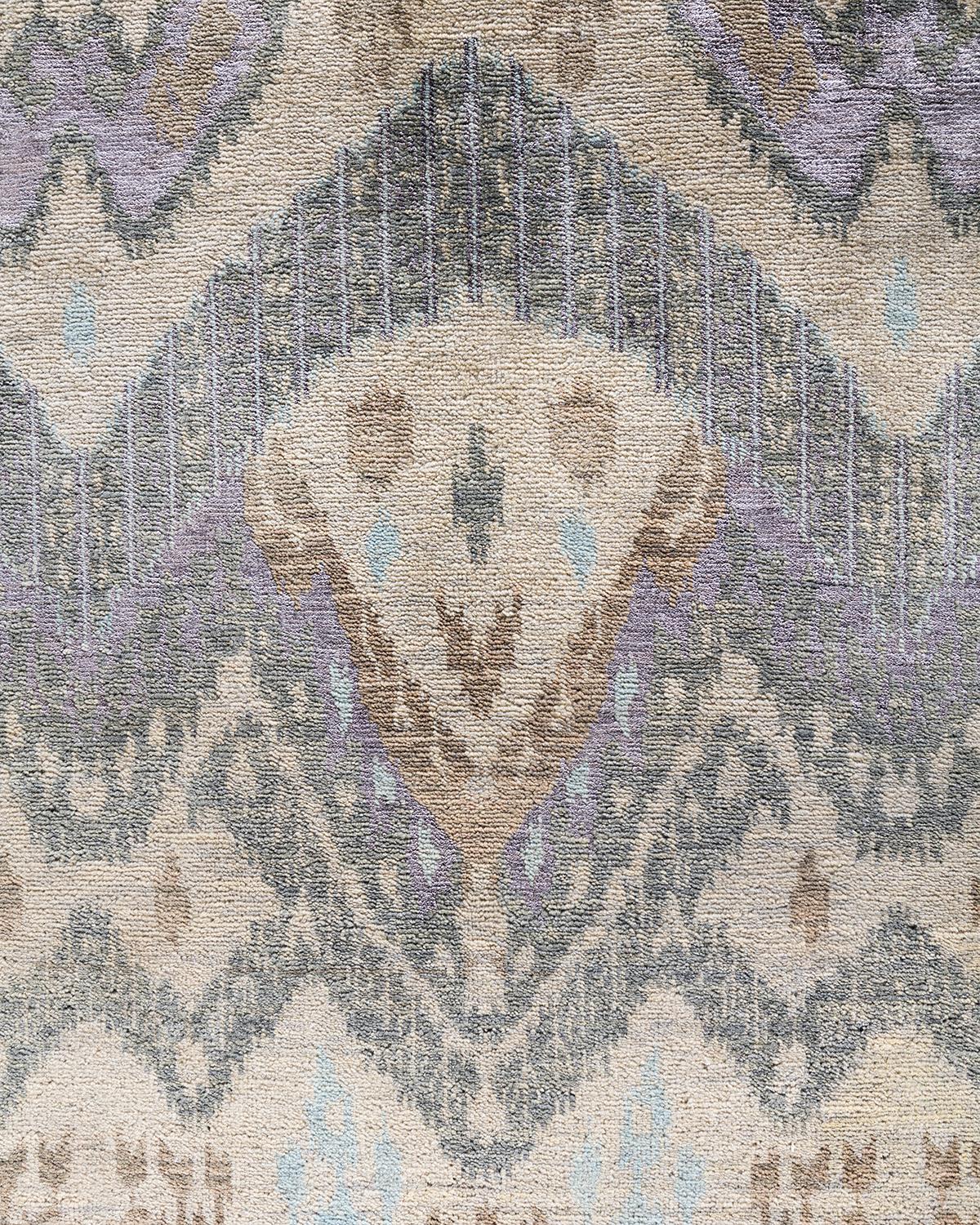 Indian Traditional Ikat Hand Knotted Abstract Silk & Wool Beige Area Rug 9' 0