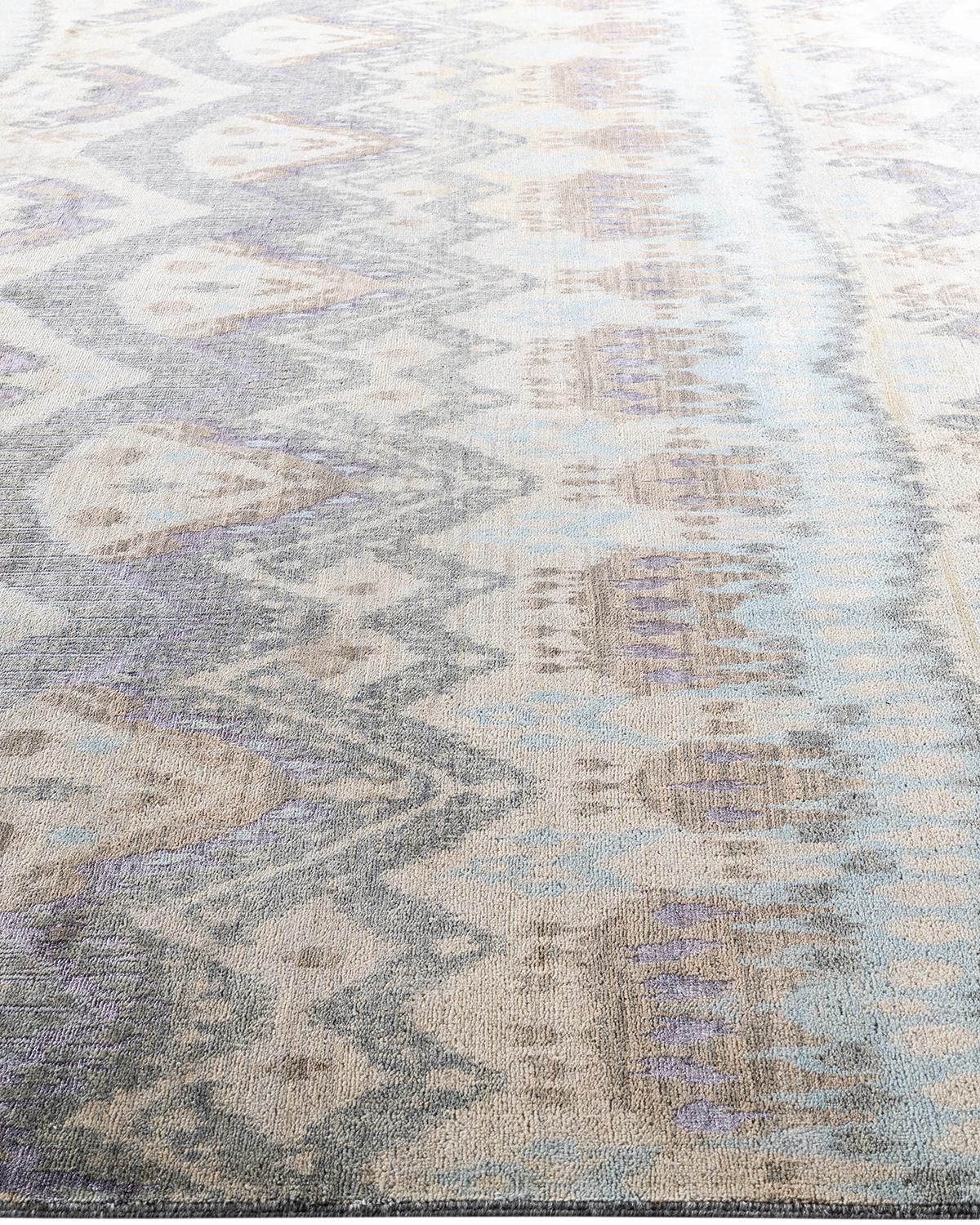 Hand-Knotted Traditional Ikat Hand Knotted Abstract Silk & Wool Beige Area Rug 9' 0