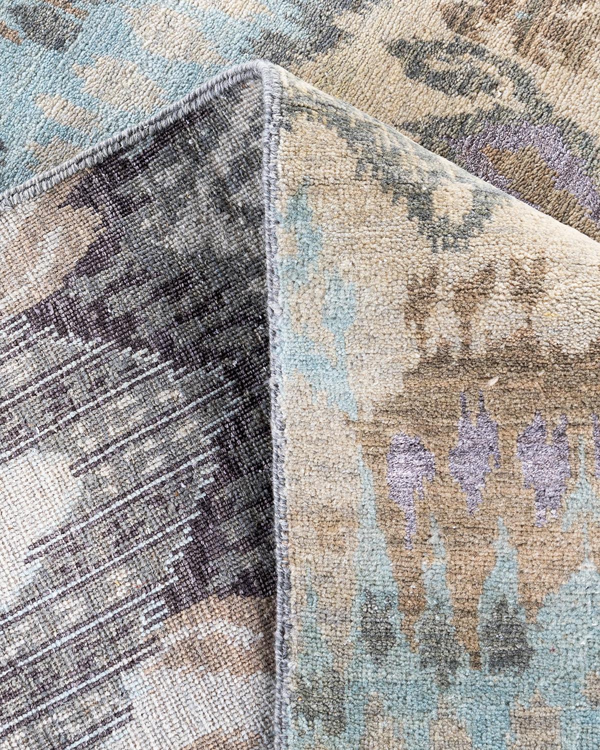 Contemporary Traditional Ikat Hand Knotted Abstract Silk & Wool Beige Area Rug 9' 0