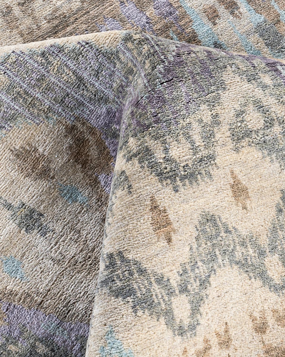 Traditional Ikat Hand Knotted Abstract Silk & Wool Beige Area Rug 9' 0