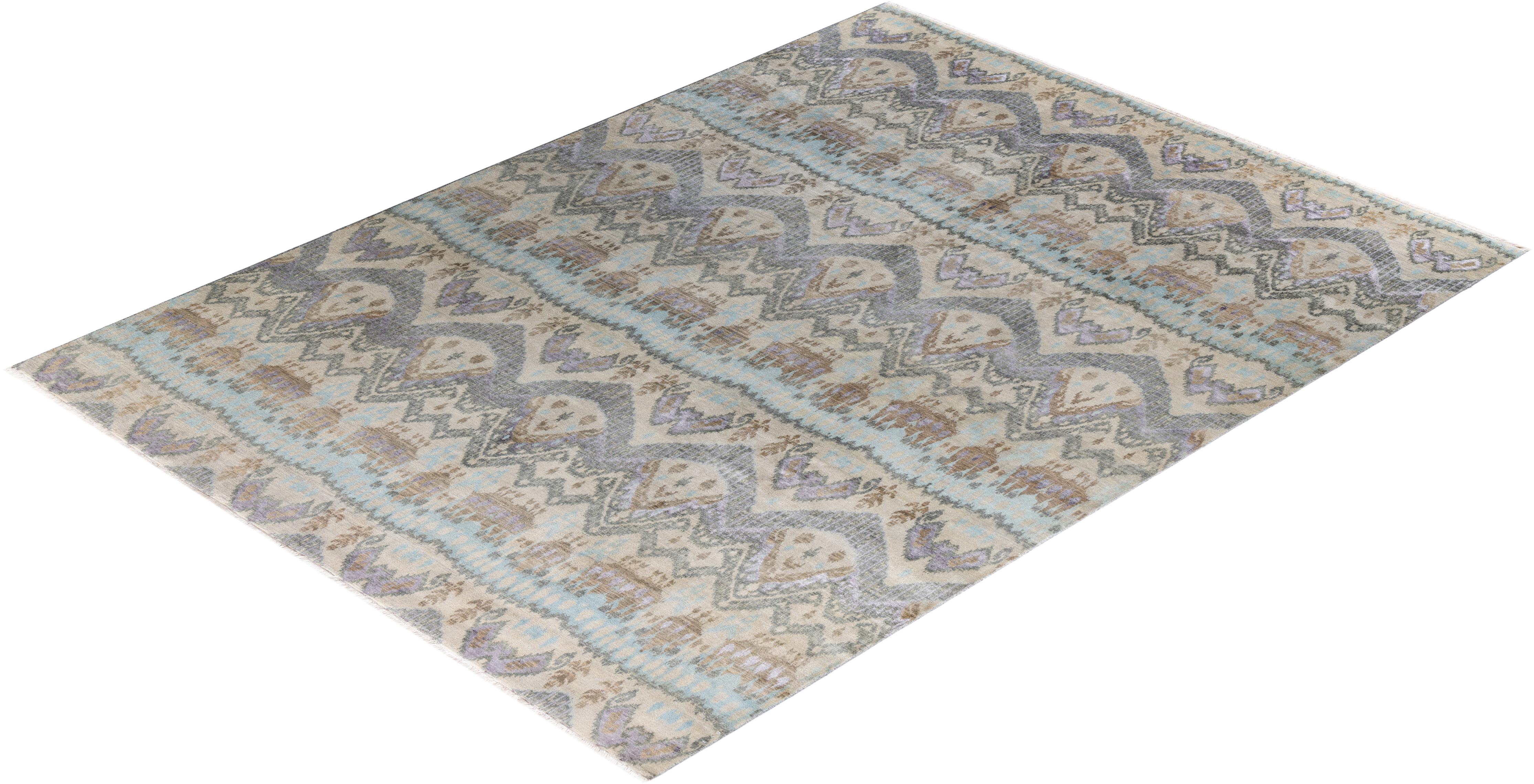 Traditional Ikat Hand Knotted Abstract Silk & Wool Beige Area Rug 9' 0