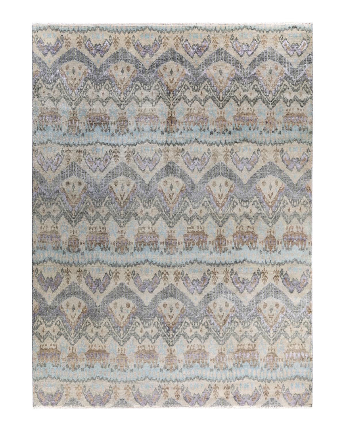 Traditional Ikat Hand Knotted Abstract Silk & Wool Beige Area Rug 9' 0" x 12' 2" For Sale